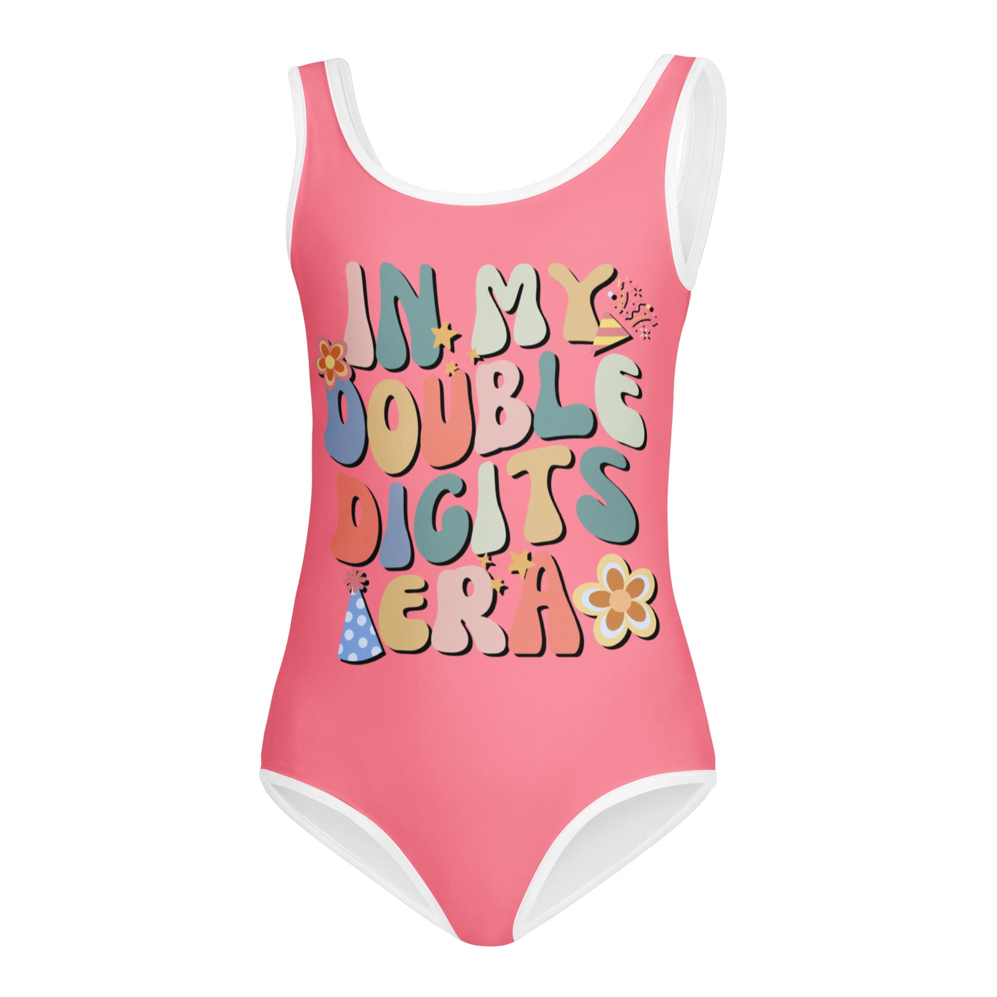 Girls pink one-piece swimsuit with white trim and colorful in my double digits era graphic quick drying for dance and gymnastics