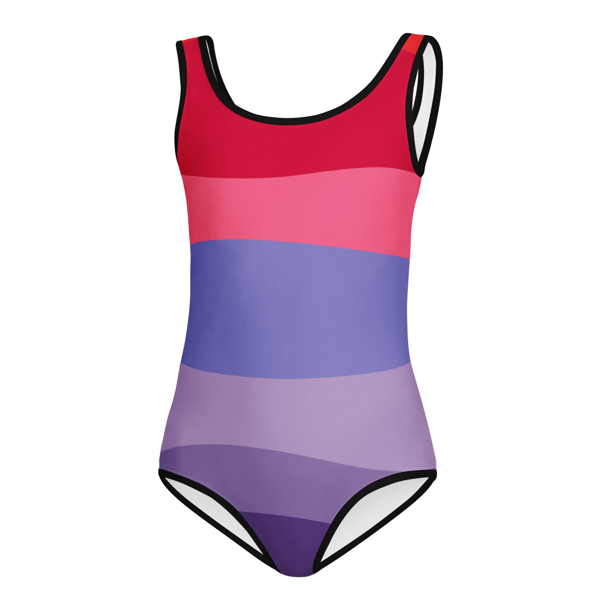 Girls multicolored waves buttery soft leotard with vibrant bisexual pride stripes and black trim for dance and gymnastics