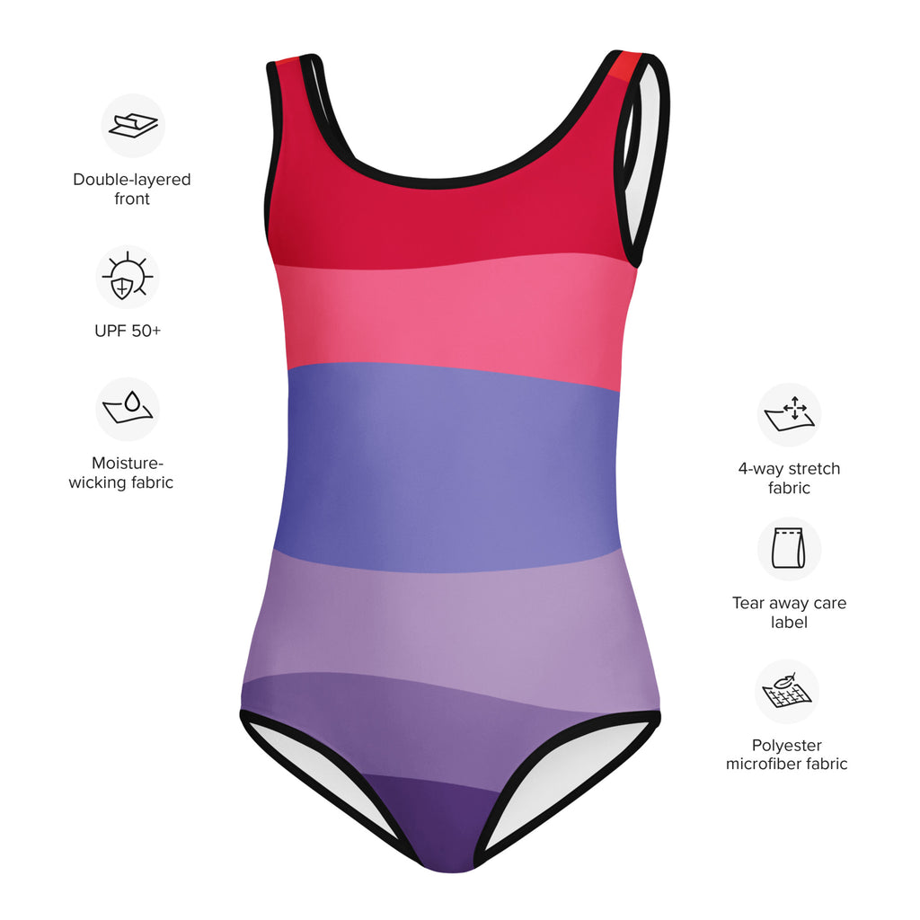 Girls multicolored waves buttery soft one-piece swimsuit with red pink purple stripes and black trim for dance and gymnastics