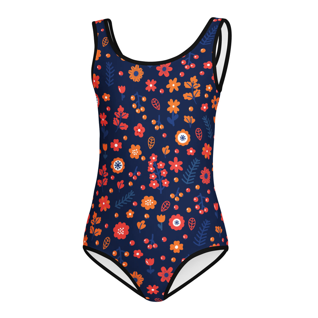 Girls navy floral buttery soft quick drying one-piece swimsuit with vibrant orange red white flowers and black trim for dance and gymnastics