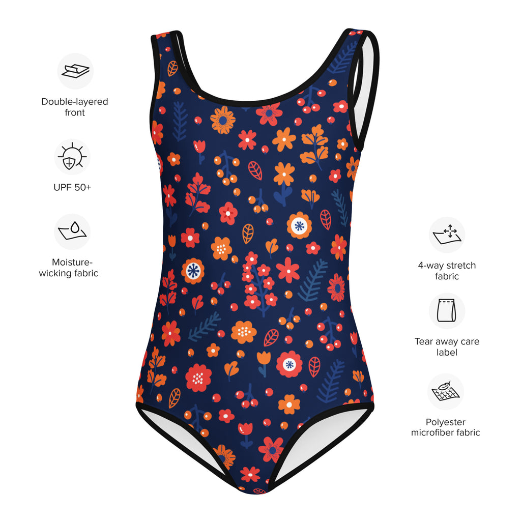 Girls navy floral buttery soft one-piece swimsuit with vibrant orange red pink pattern and black trim for dance and gymnastics