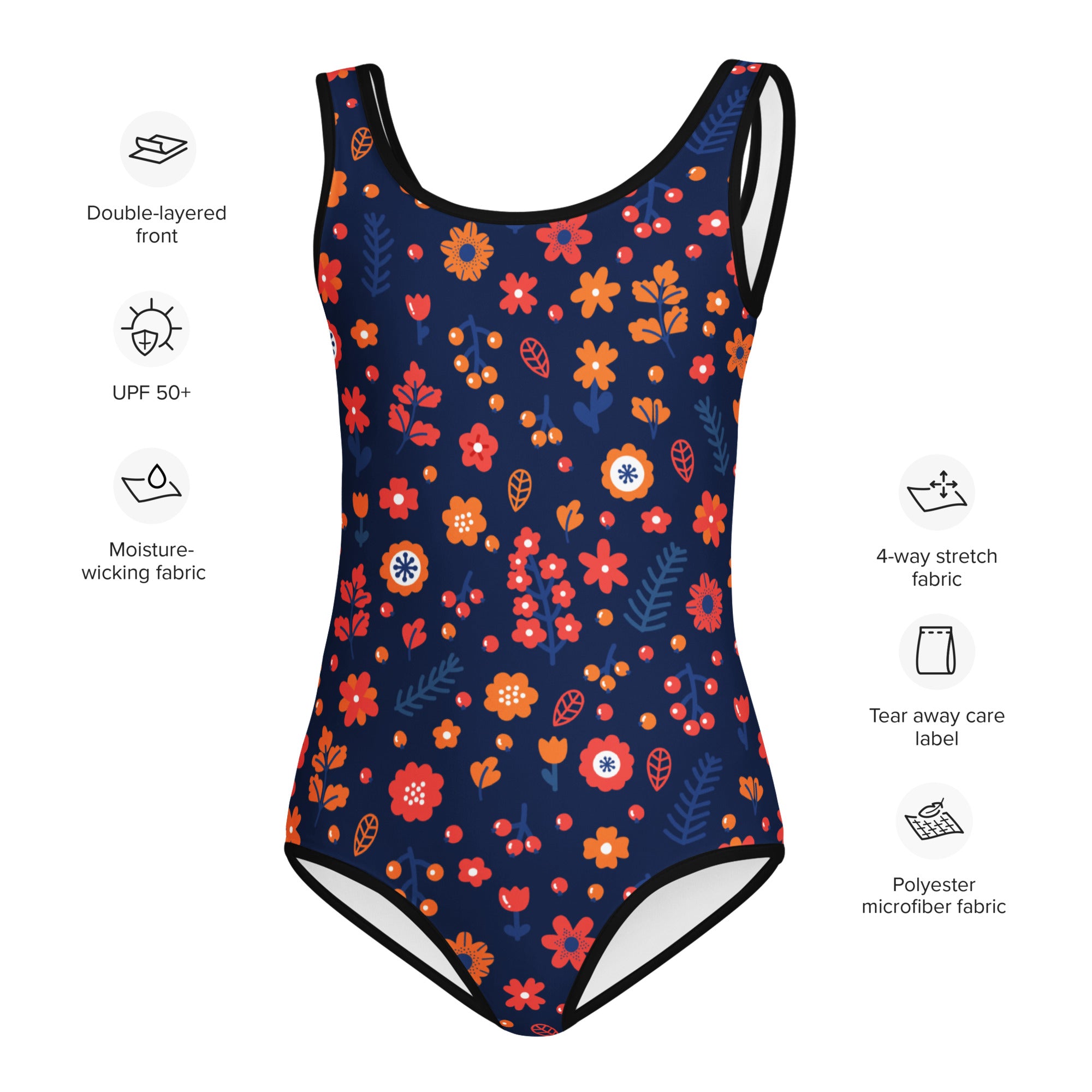 Girls navy floral buttery soft one-piece swimsuit with vibrant orange red pink pattern and black trim for dance and gymnastics