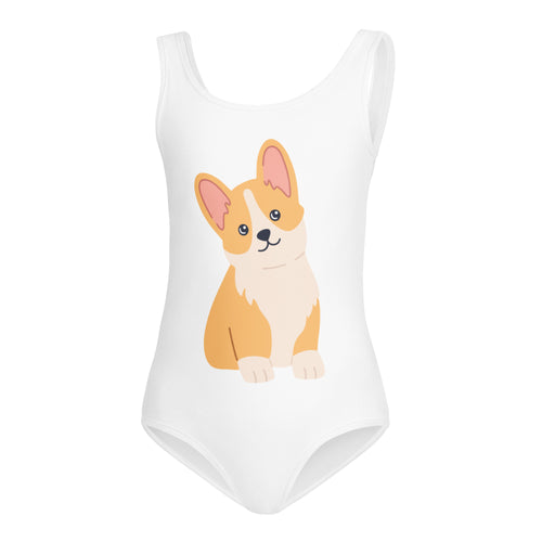 White girls one-piece swimsuit with cute orange and cream corgi design buttery soft quick drying for dance and gymnastics
