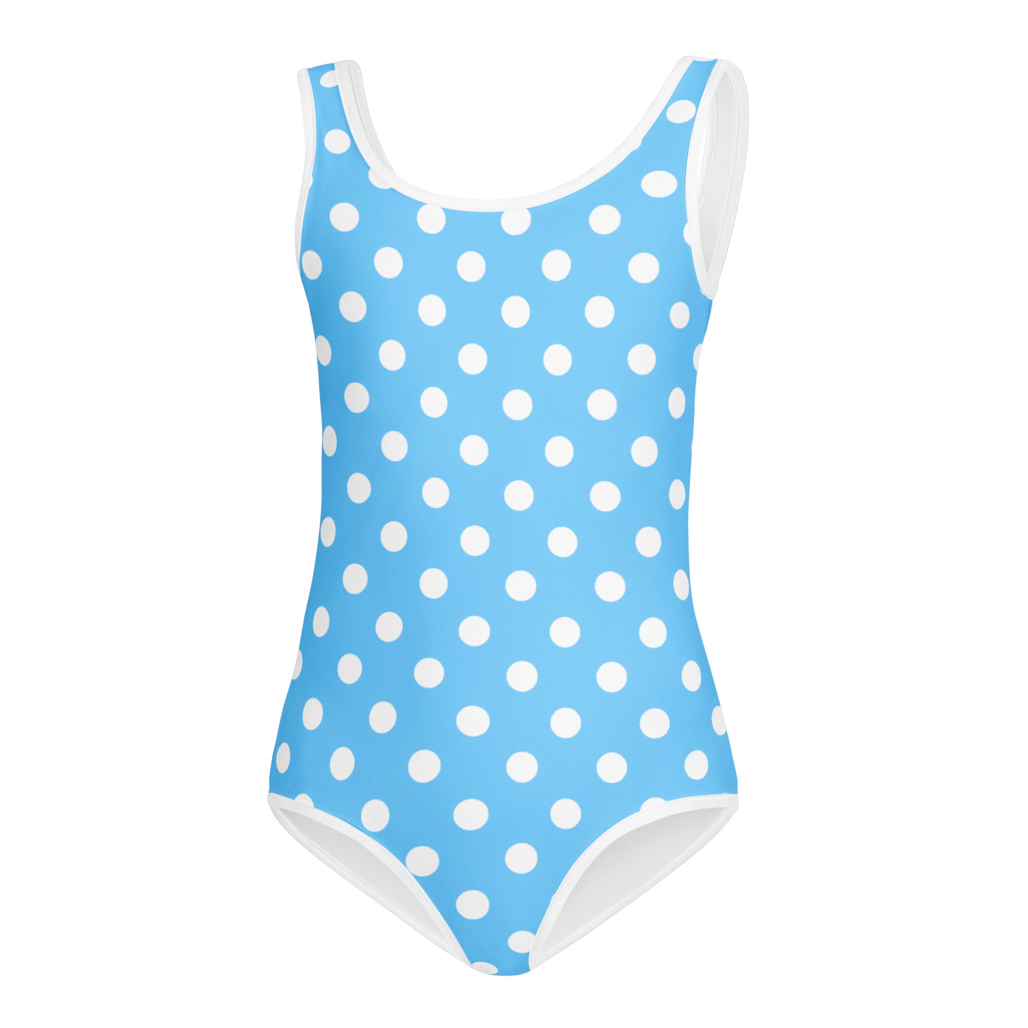 Girls blue polka dots buttery soft quick drying one-piece swimsuit with white trim for dance and gymnastics