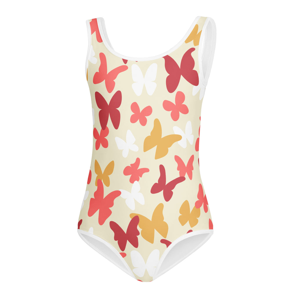 Girls autumn butterflies buttery soft one-piece swimsuit with red pink yellow butterfly pattern on off-white background