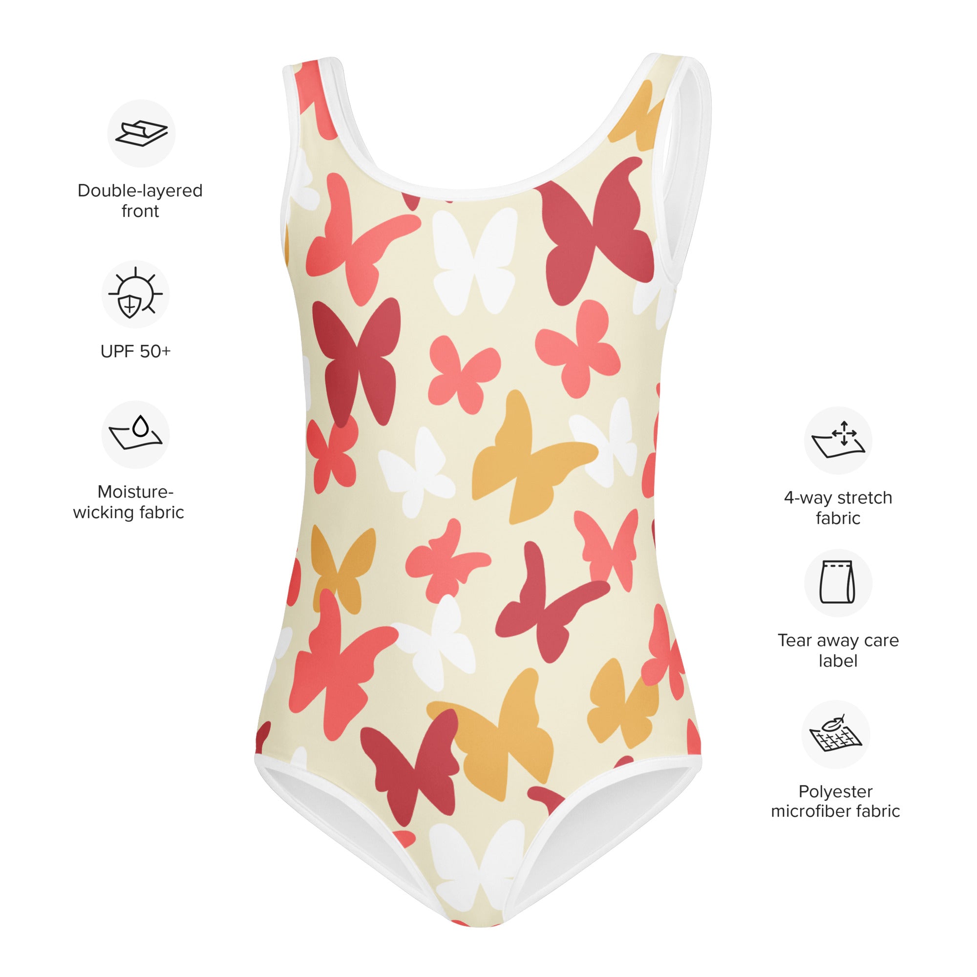 Girls autumn butterflies buttery soft leotard one-piece swimsuit with cream base and vibrant butterfly pattern for dance and gymnastics