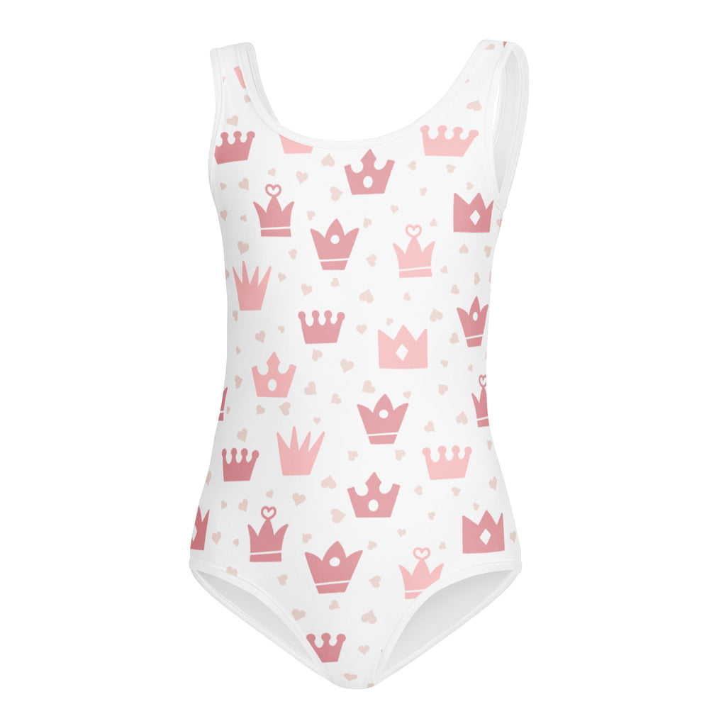 Girls pink crowns buttery soft white one-piece swimsuit with pink crowns and hearts quick drying for dance and gymnastics