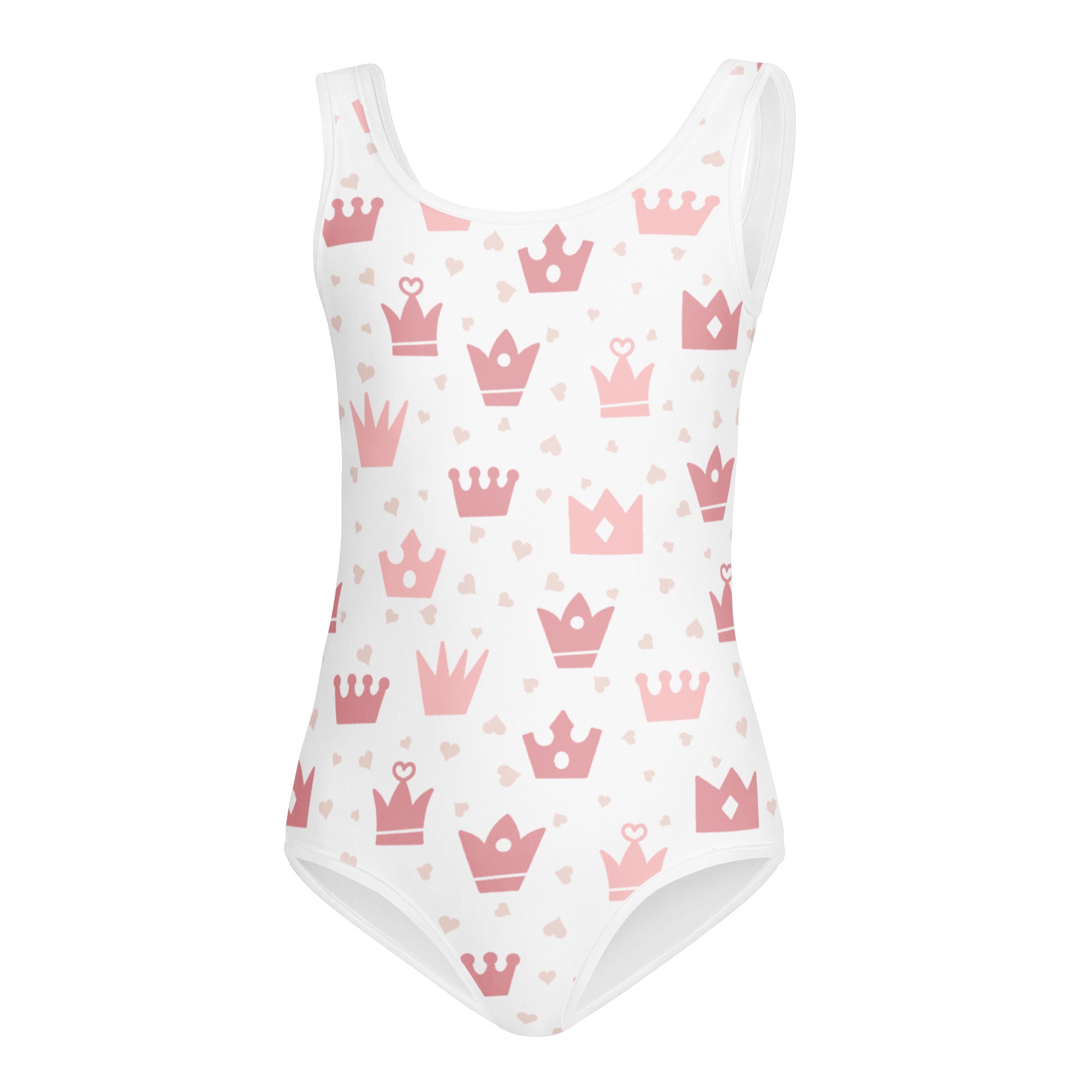 Girls pink crowns buttery soft white one-piece swimsuit with pink crowns and hearts quick drying for dance and gymnastics