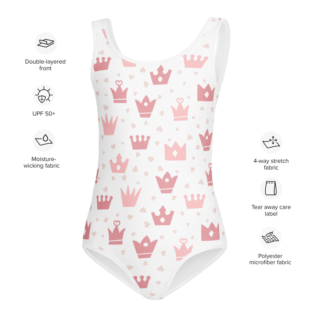 White girls one-piece swimsuit with pink crowns and hearts made from moisture-wicking polyester microfiber for dance