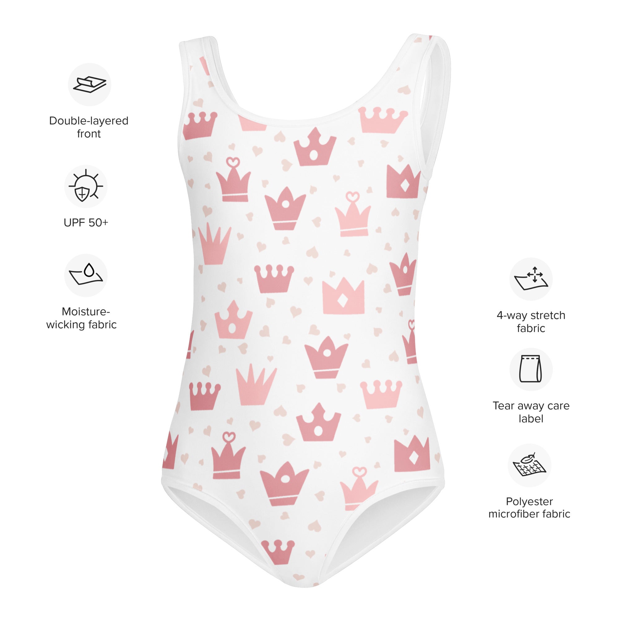White girls one-piece swimsuit with pink crowns and hearts made from moisture-wicking polyester microfiber for dance