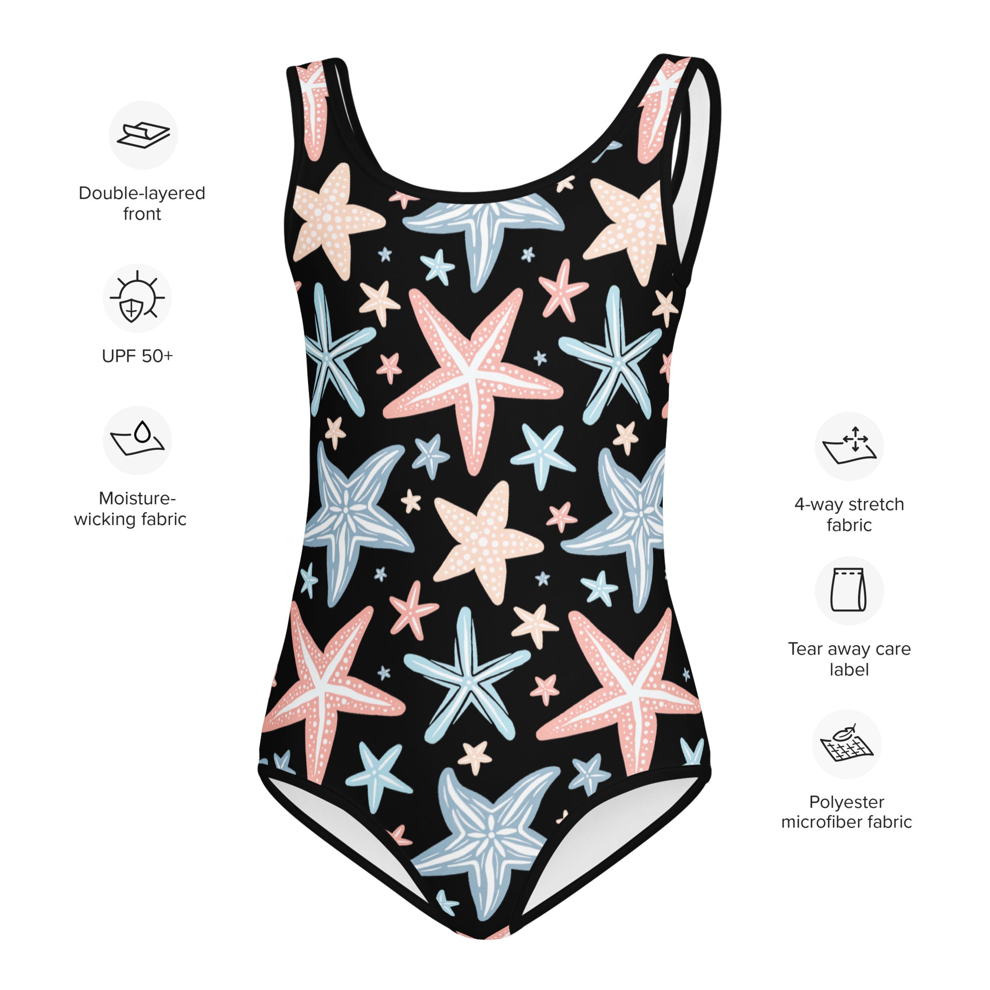 Black girls starfish buttery soft leotard with pink and light blue starfish pattern quick drying for dance and gymnastics