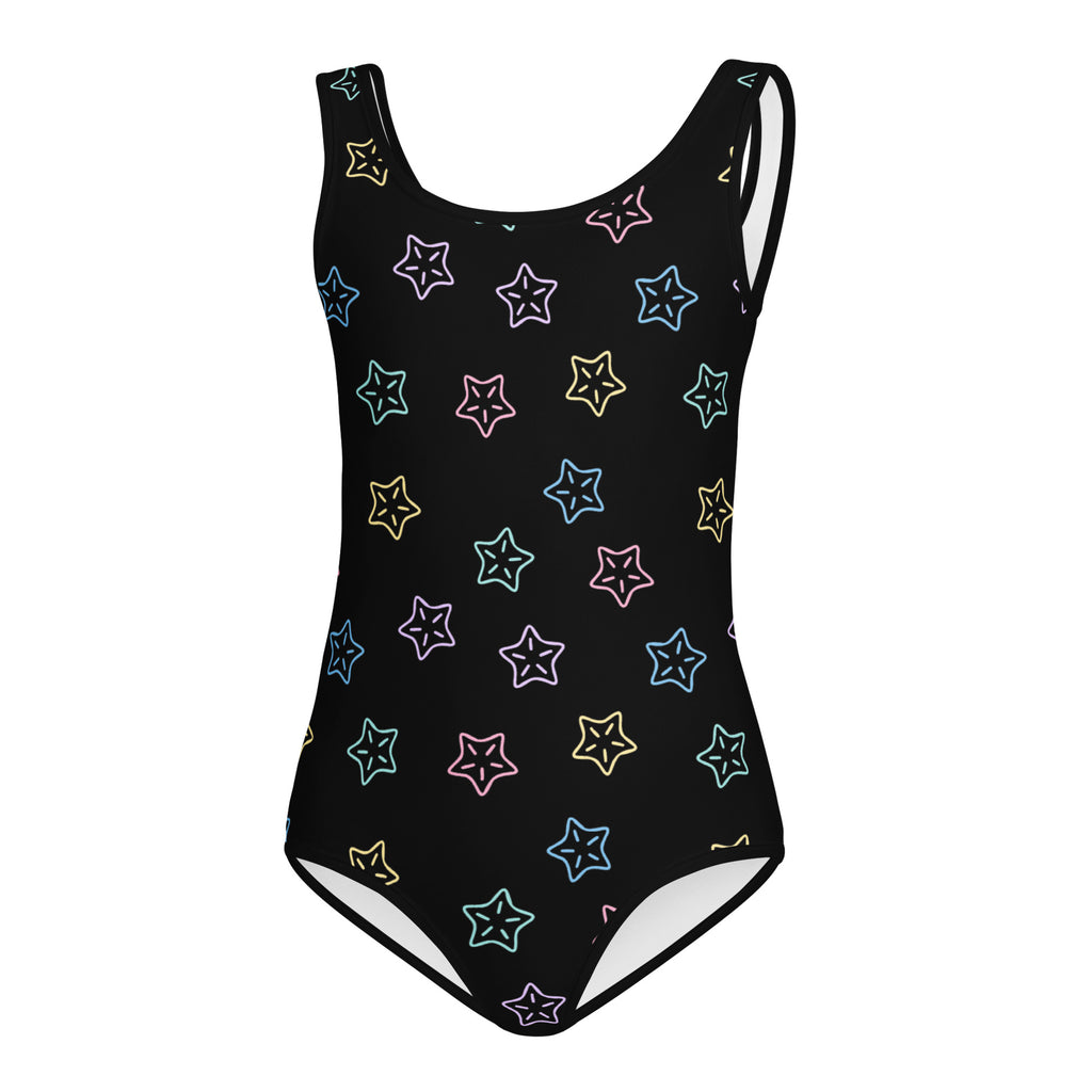 Black girls one-piece swimsuit with neon star pattern buttery soft quick drying for dance and gymnastics
