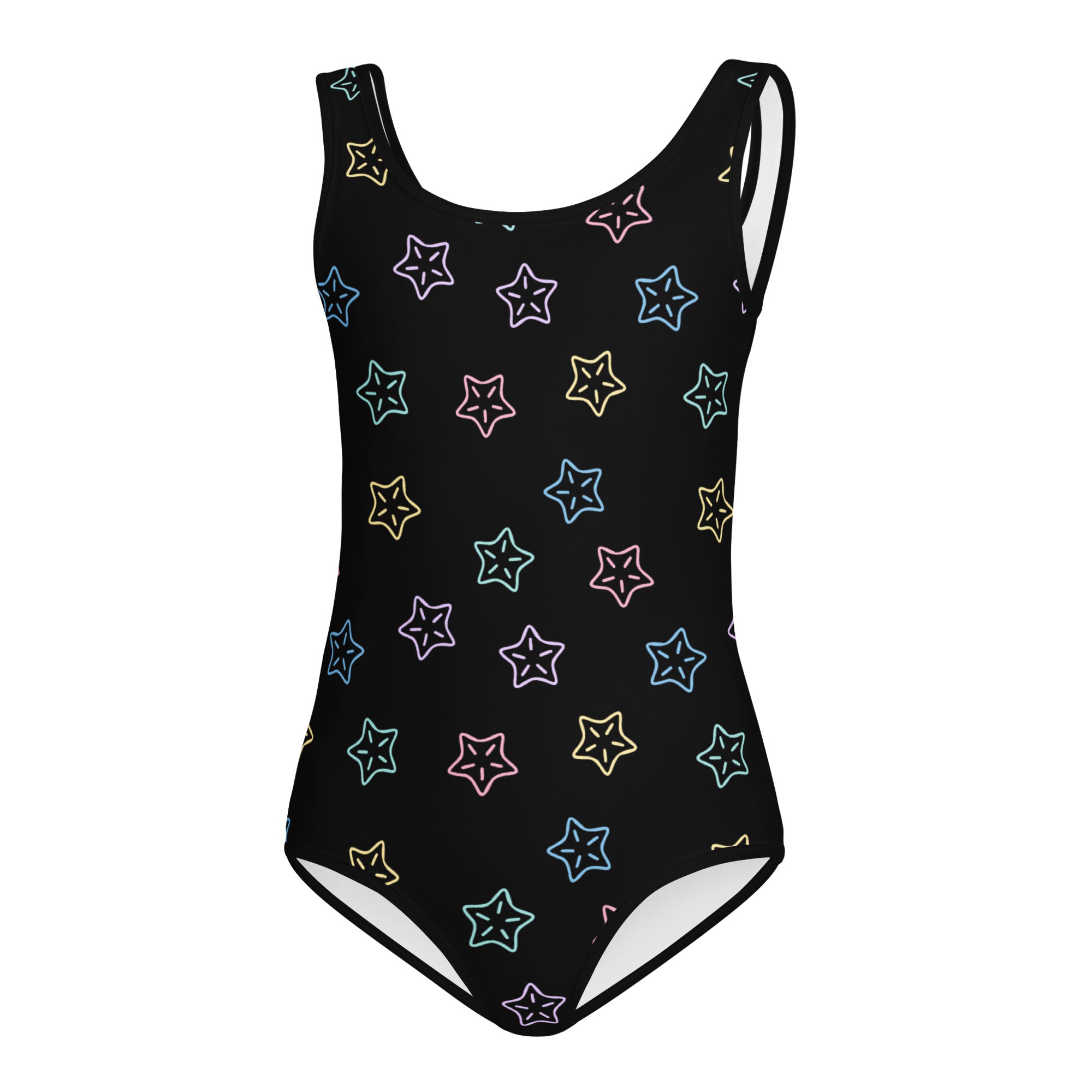 Black girls one-piece swimsuit with neon star pattern buttery soft quick drying for dance and gymnastics
