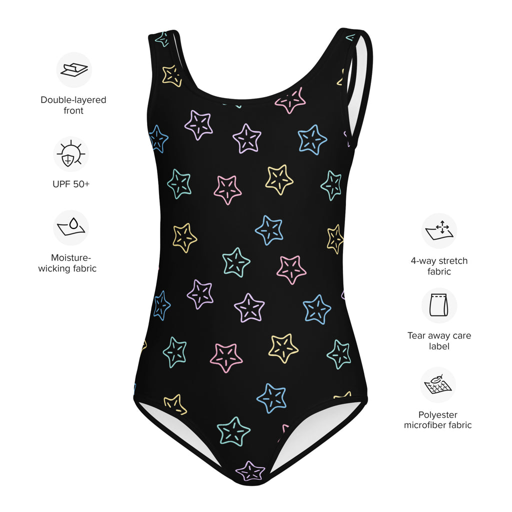 Black girls stars buttery soft leotard with neon multicolored star pattern quick drying for dance and gymnastics