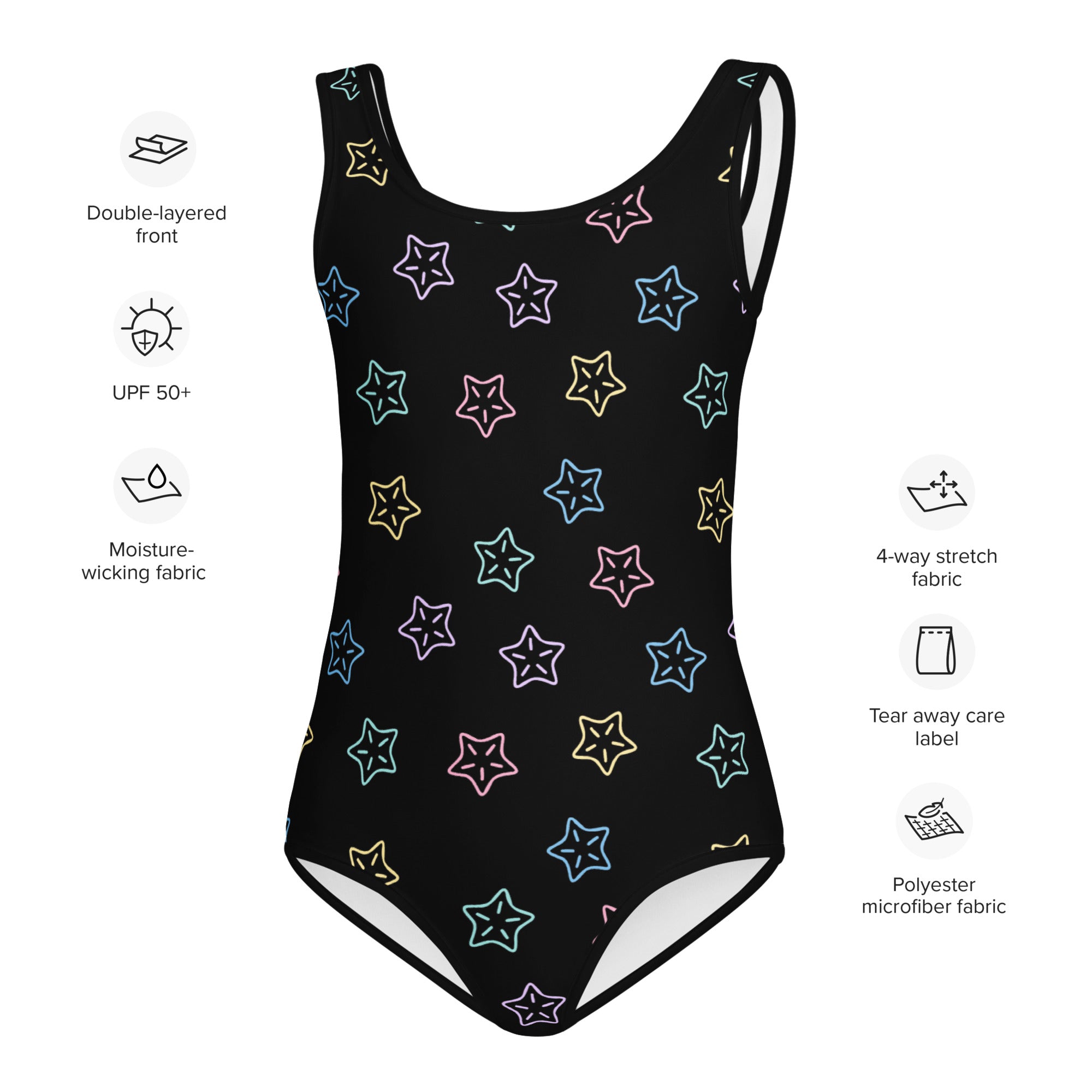 Black girls stars buttery soft leotard with neon multicolored star pattern quick drying for dance and gymnastics