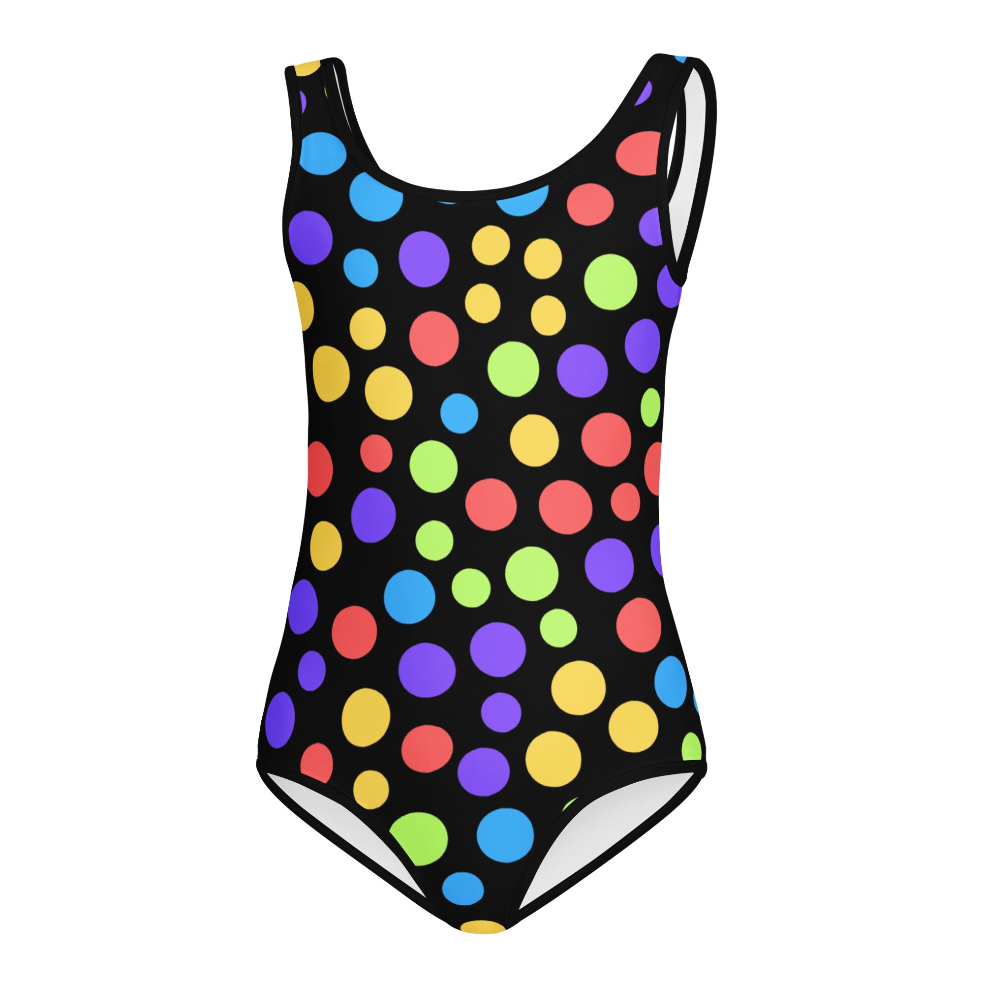 Girls colorful rainbow polka dots buttery soft black one-piece swimsuit with multicolored dots for dance and gymnastics
