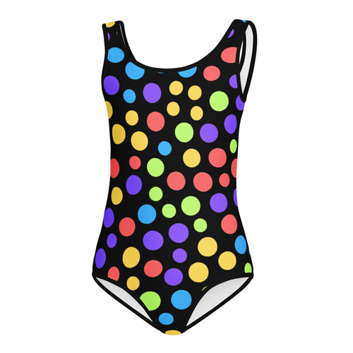 Girls colorful rainbow polka dots buttery soft black one-piece swimsuit with multicolored dots for dance and gymnastics