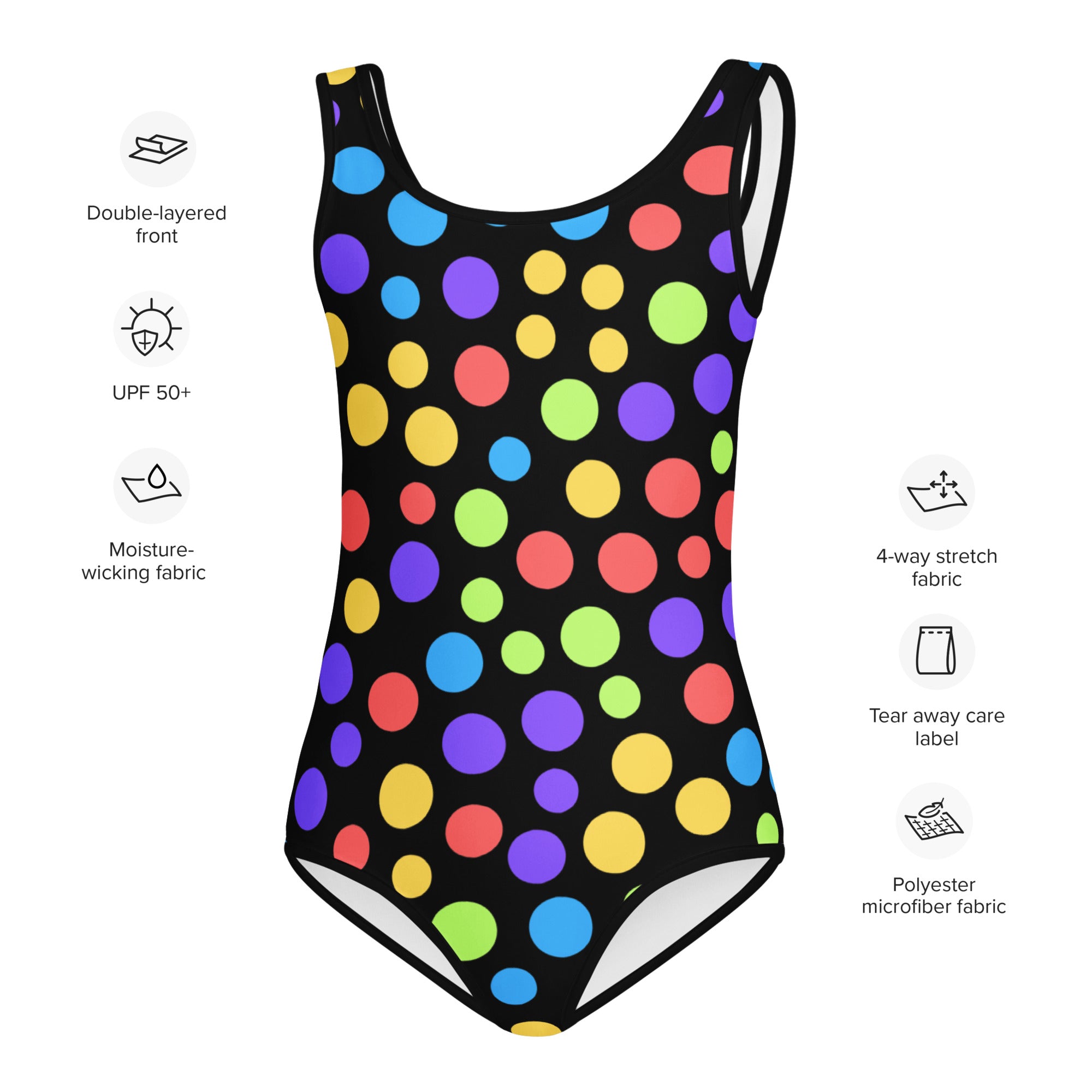 Girls colorful rainbow polka dots buttery soft black leotard with vibrant multicolored dots for dance and gymnastics