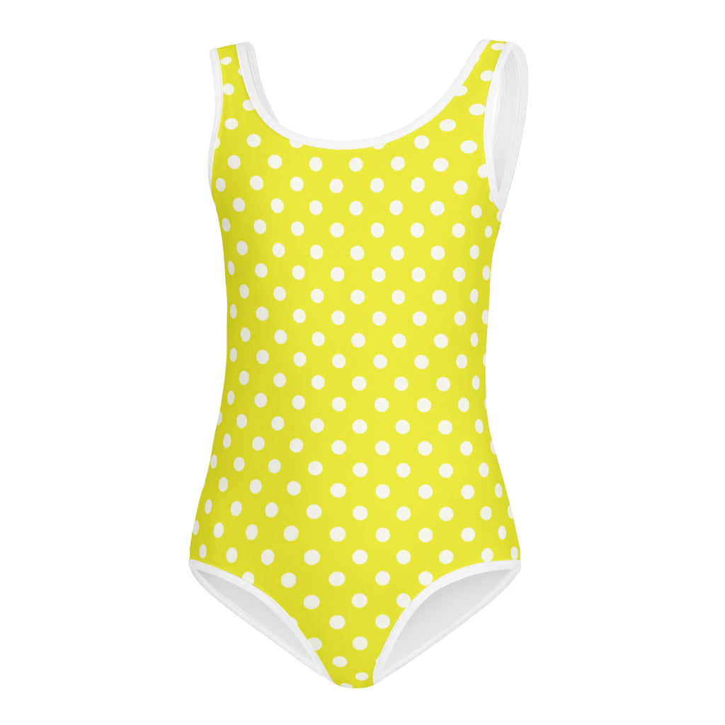 Girls yellow polka dots buttery soft quick drying leotard with white trim for dance and gymnastics