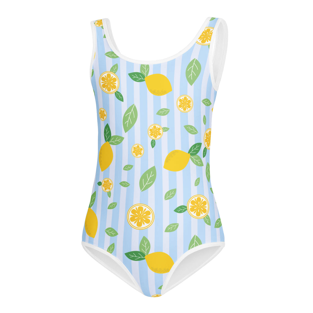 Girls lemon stripe buttery soft leotard with quick drying lemon print on light blue and white stripes for dance and gymnastics