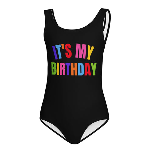 Girls black buttery soft one-piece leotard with colorful its my birthday text and quick drying fabric for dance and gymnastics