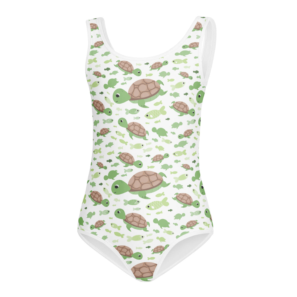 White buttery soft one-piece girls leotard with green turtle and fish pattern quick drying for dance and gymnastics