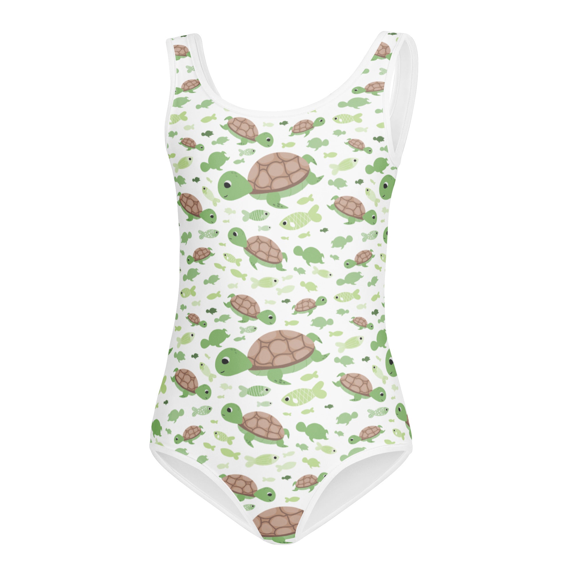 White buttery soft one-piece girls leotard with green turtle and fish pattern quick drying for dance and gymnastics