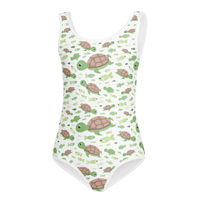 White buttery soft one-piece girls leotard with green turtle and fish pattern quick drying for dance and gymnastics