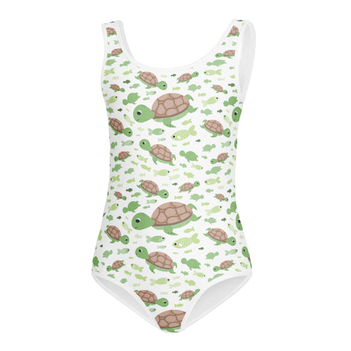 White buttery soft one-piece girls leotard with green turtle and fish pattern quick drying for dance and gymnastics