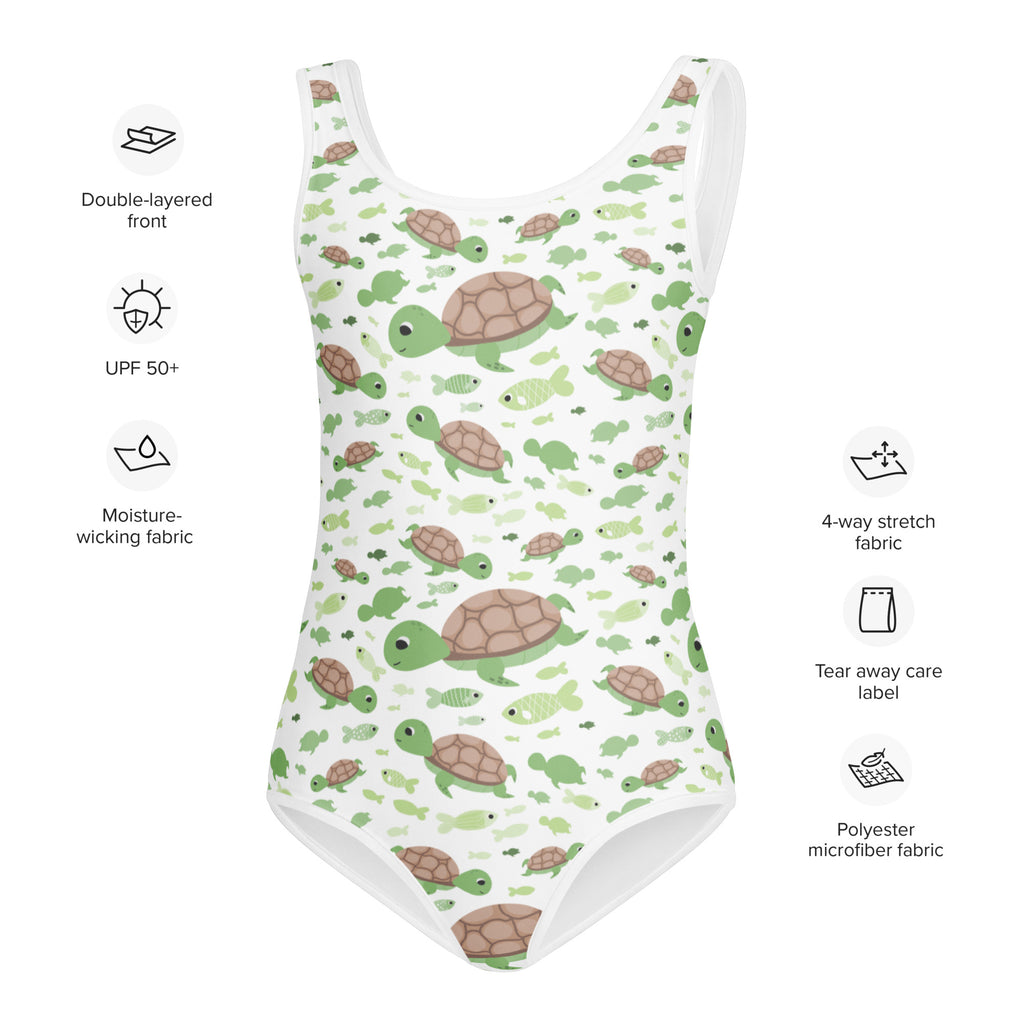 Girls green turtle buttery soft white one-piece leotard with playful turtle pattern quick drying for dance and gymnastics