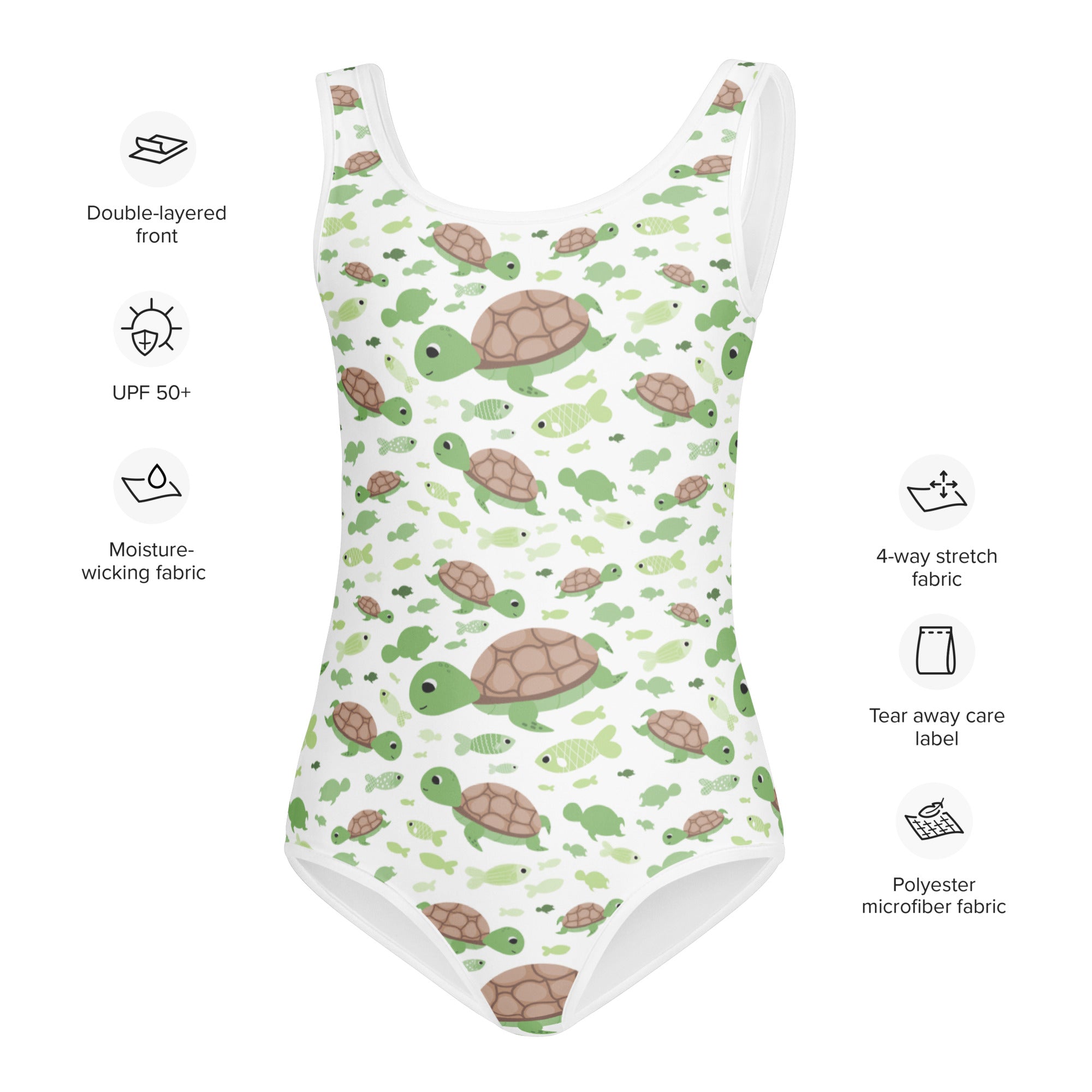 Girls green turtle buttery soft white one-piece leotard with playful turtle pattern quick drying for dance and gymnastics