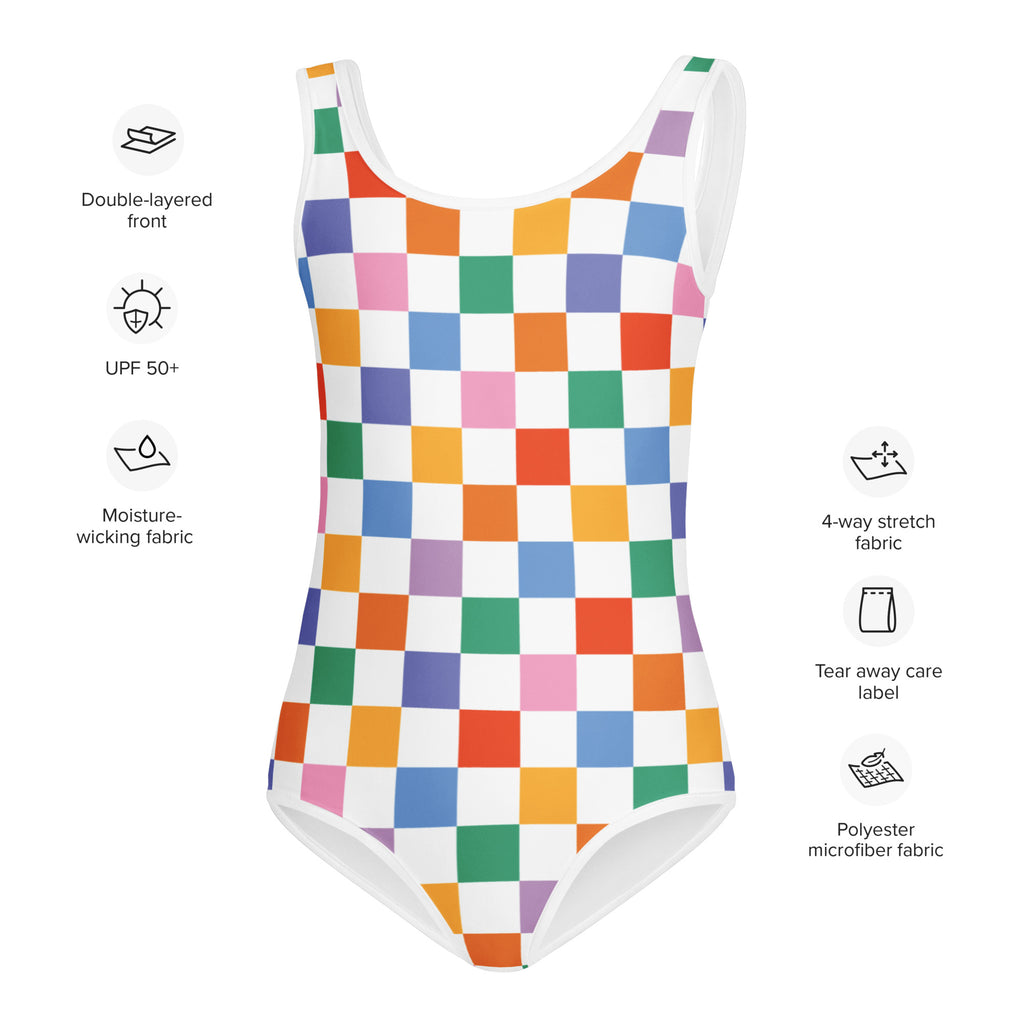 Girls colorful checkerboard one-piece swimsuit made of buttery soft quick-drying polyester microfiber for gymnastics