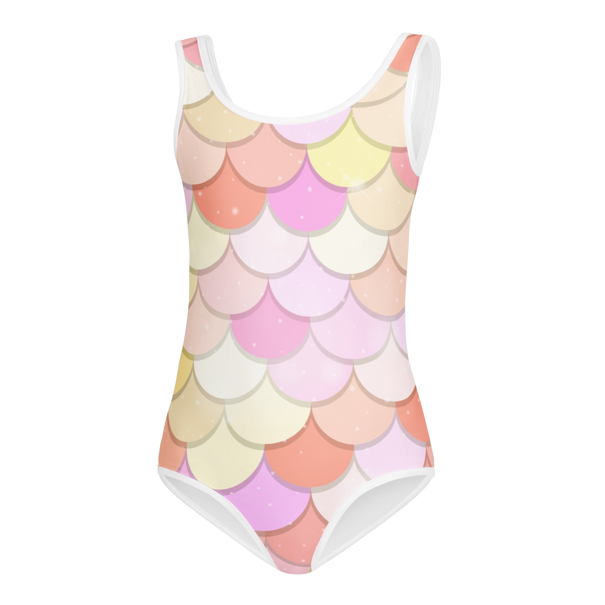 Girls pink mermaid pastel scale one-piece leotard with white trim buttery soft quick drying for dance and gymnastics
