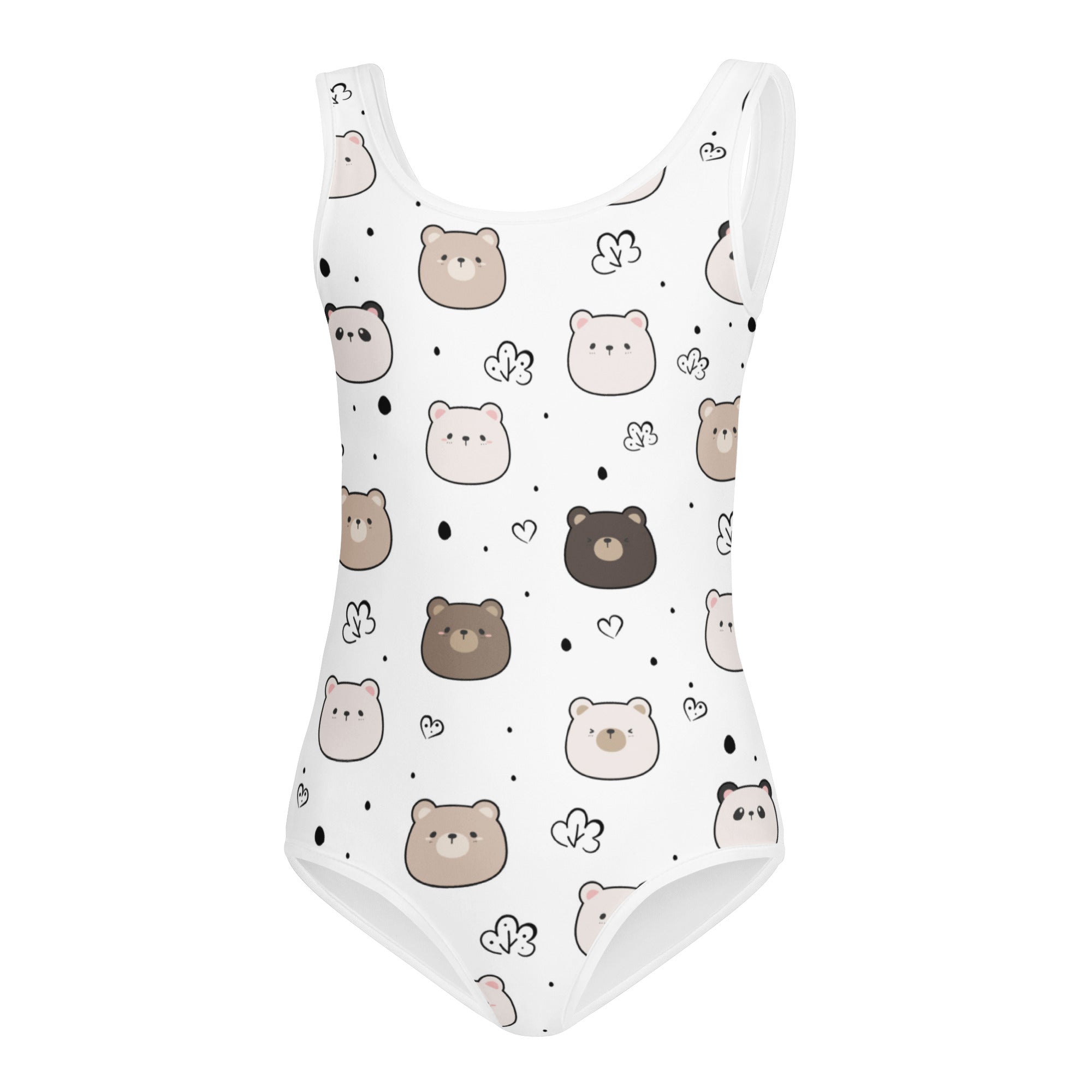 Girls cute bear faces buttery soft white one-piece swimsuit with cartoon bears quick drying for dance and gymnastics