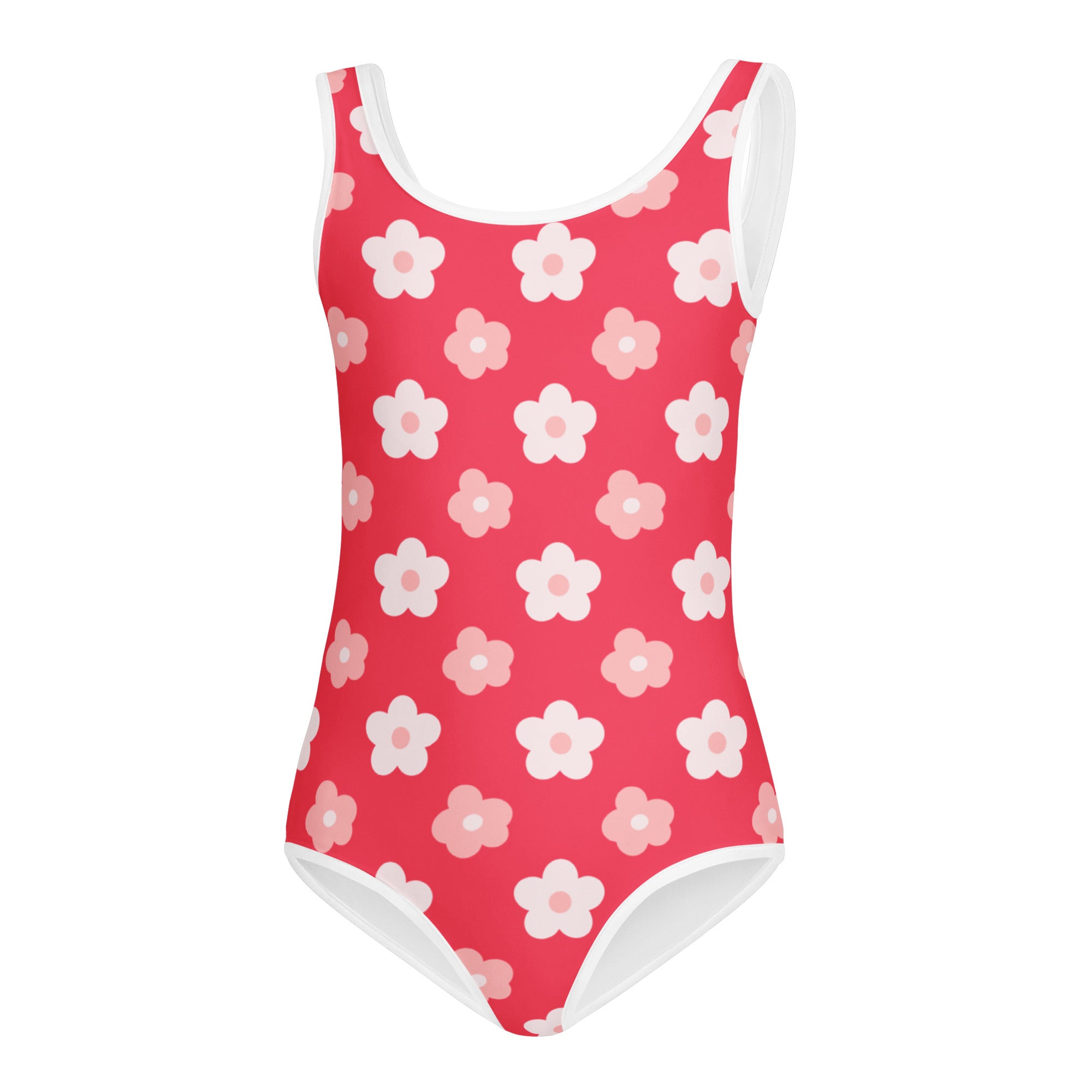 Girls pink retro flower buttery soft quick drying red one-piece swimsuit with white trim for dance and gymnastics