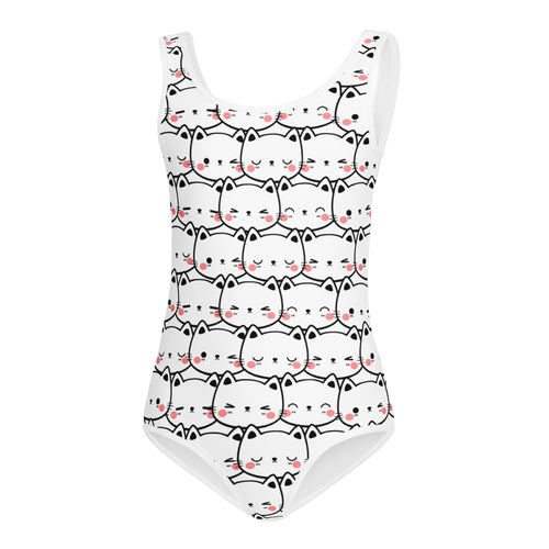 White one-piece swimsuit with black outlined cartoon cats and pink cheeks made of buttery soft quick-dry fabric for dance and gymnastics