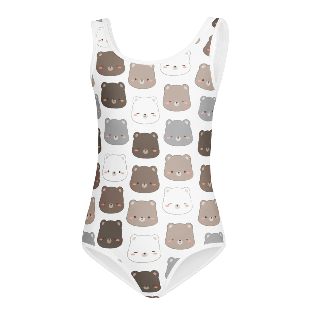 White one-piece swimsuit with playful brown gray and white cartoon bears with rosy cheeks quick drying for dance and gymnastics