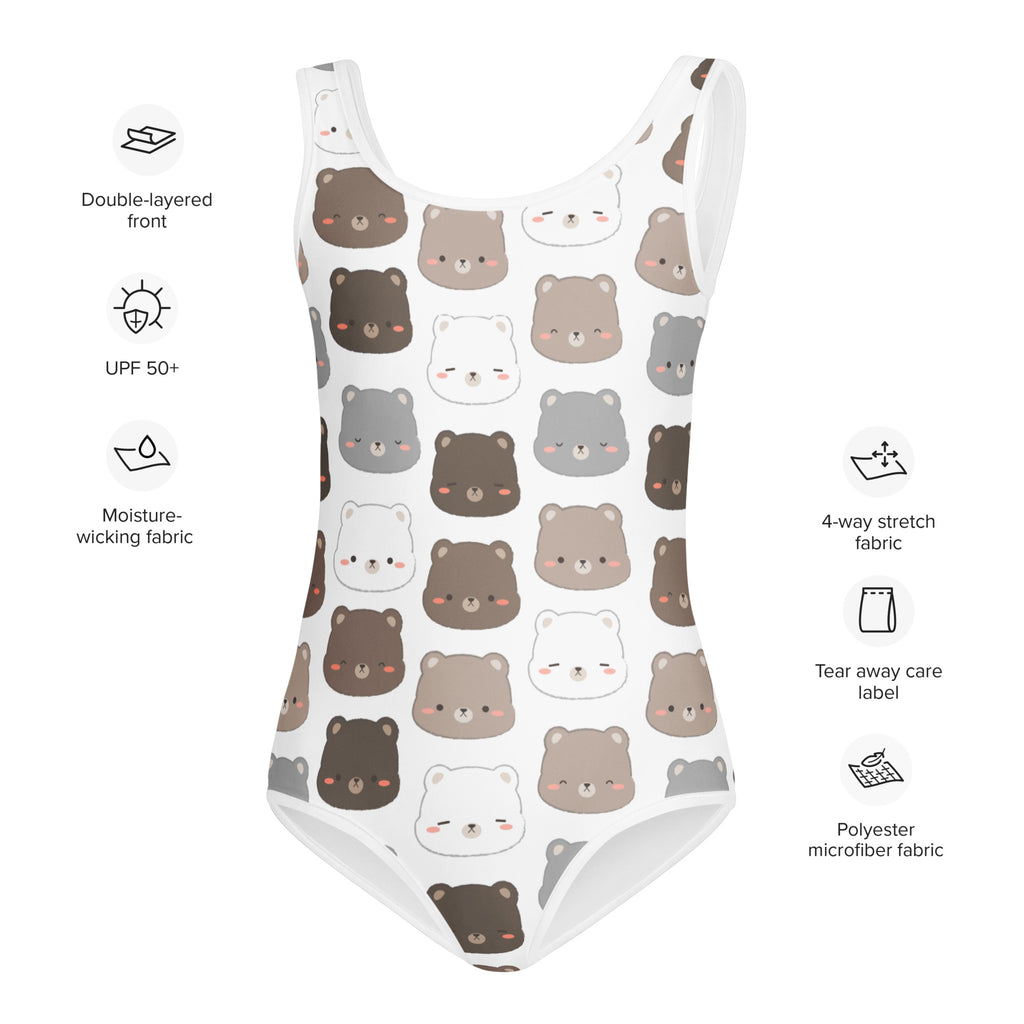 White one-piece swimsuit with playful cartoon bear faces pattern in brown gray and white quick drying for dance and gymnastics