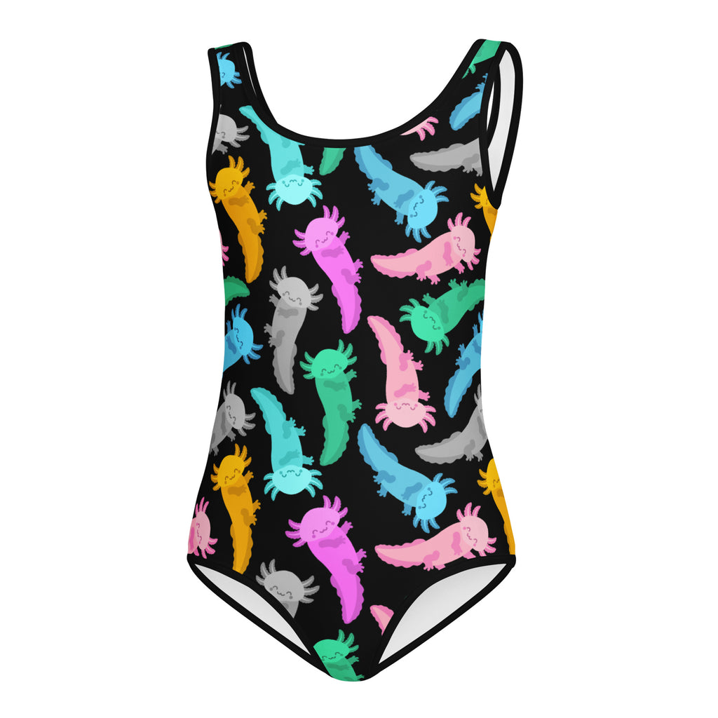 Black one-piece girls leotard with colorful cartoon axolotls buttery soft quick drying for dance and gymnastics