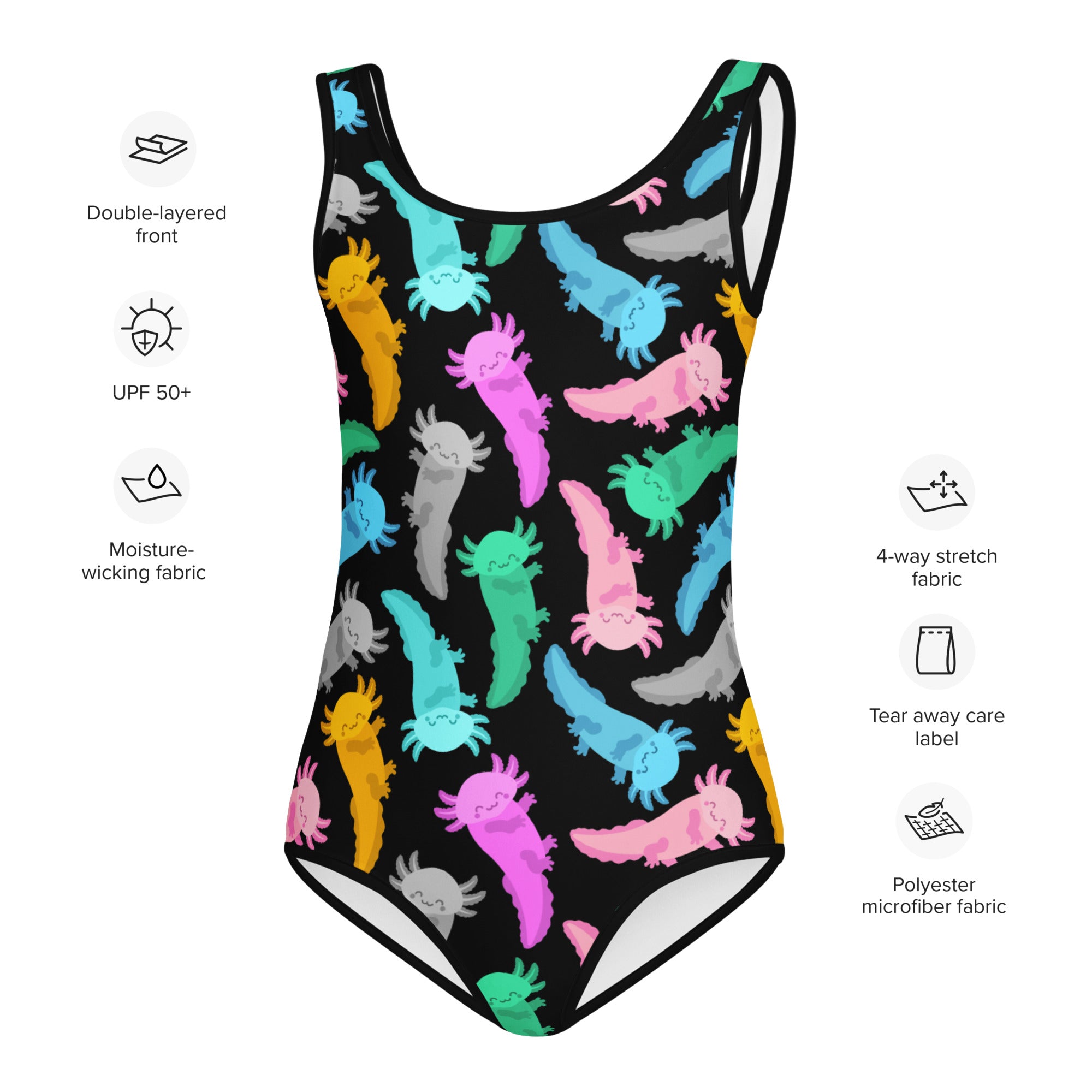Black one-piece swimsuit with vibrant colorful cartoon axolotls in pink blue green yellow and gray for girls dance and gymnastics