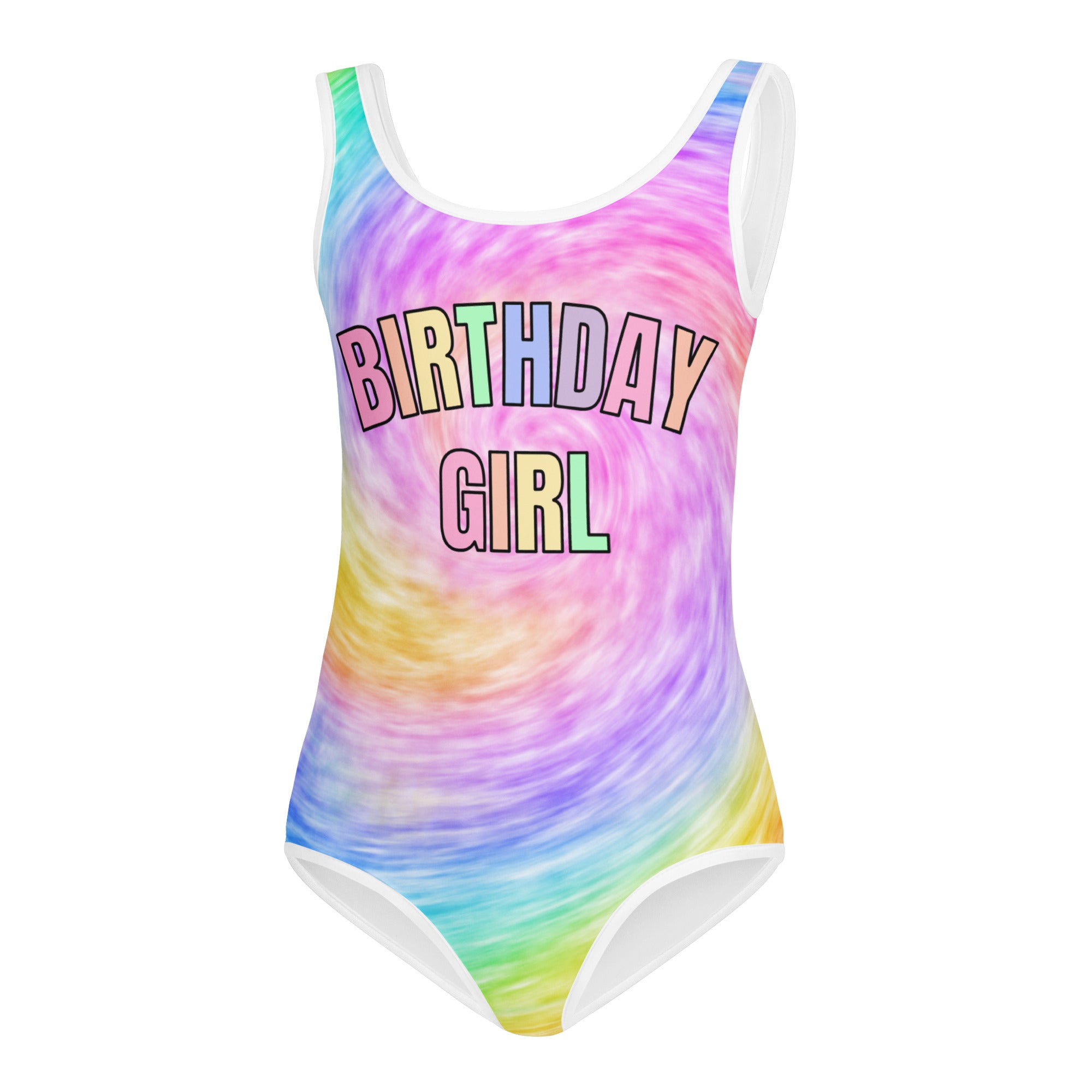 A vibrant rainbow tie dye one piece swimsuit with birthday girl printed in colorful letters, buttery soft and quick drying