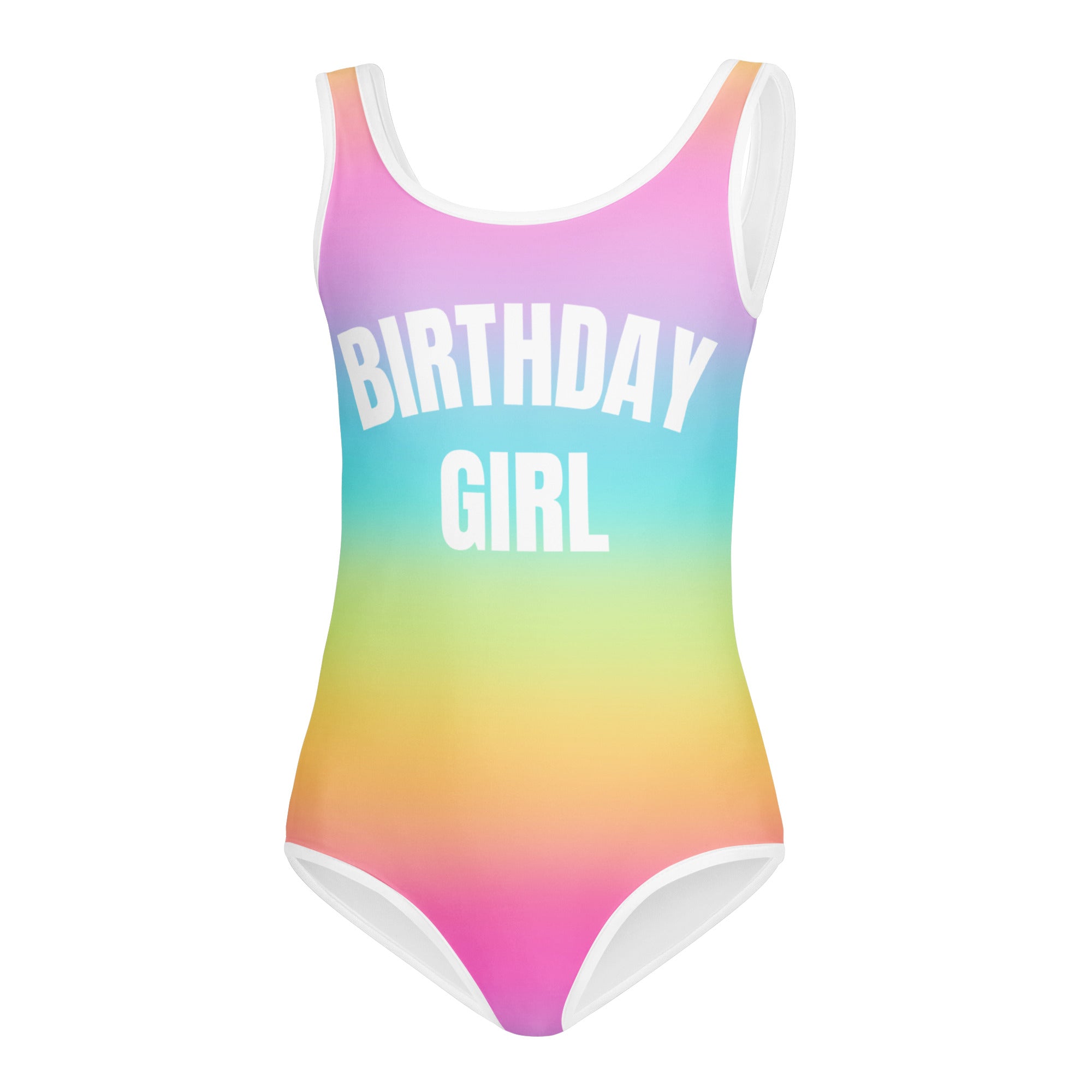 A vibrant rainbow gradient buttery soft leotard with birthday girl print quick drying for dance and gymnastics