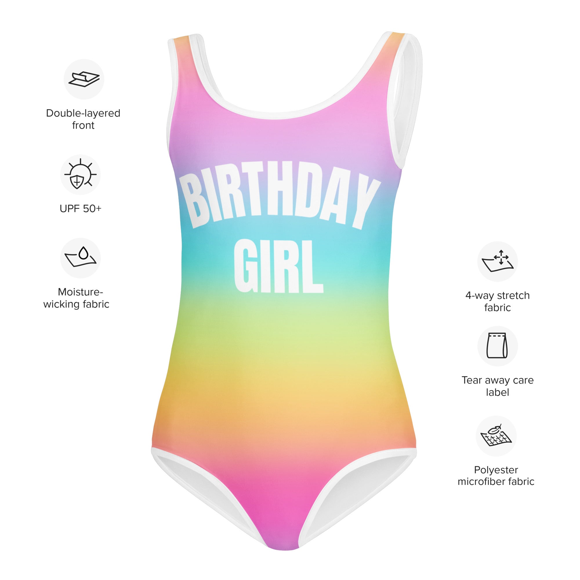 A vibrant rainbow gradient birthday girl one-piece swimsuit with white lettering and moisture-wicking polyester front