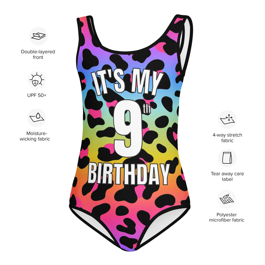 Girls Rainbow Leopard Custom Age It's My Birthday Leotard - Quick Drying For Dance and Gymnastics