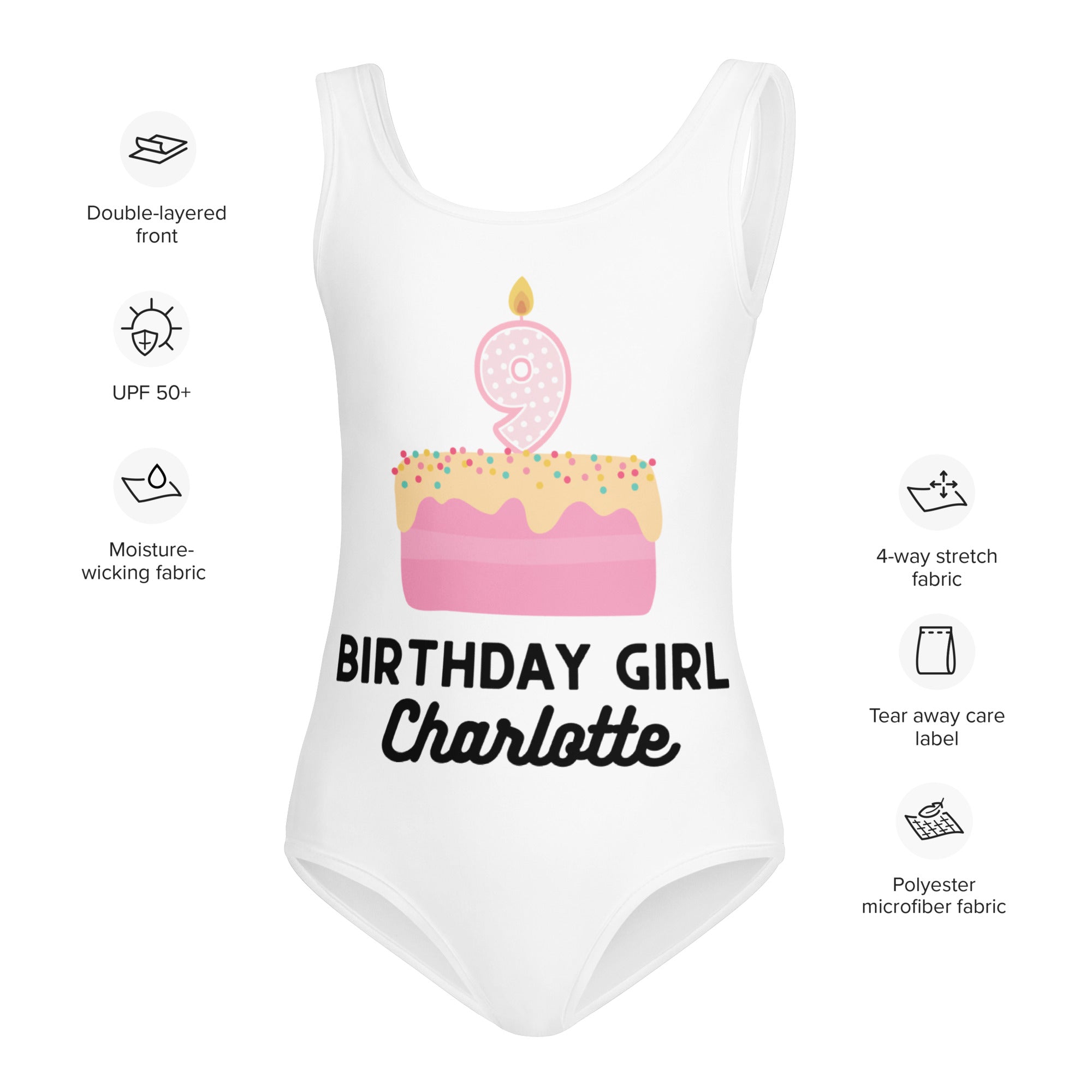 Birthday Girl Custom Name & Age Cake Candle Buttery Soft Leotard - Quick Drying For Dance and Gymnastics