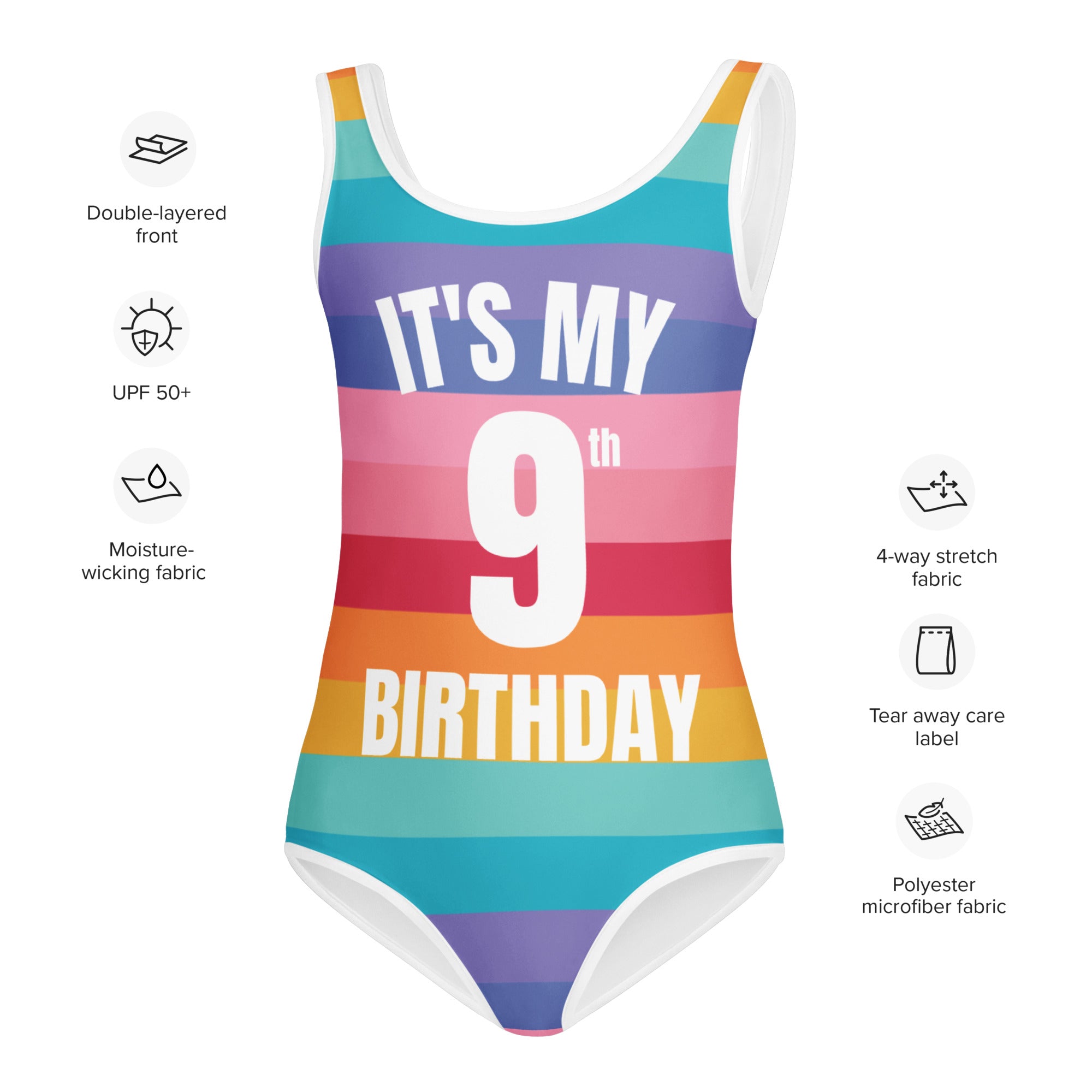 Girls Rainbow Stripes Custom Age It's My Birthday Leotard - Quick Drying For Dance and Gymnastics