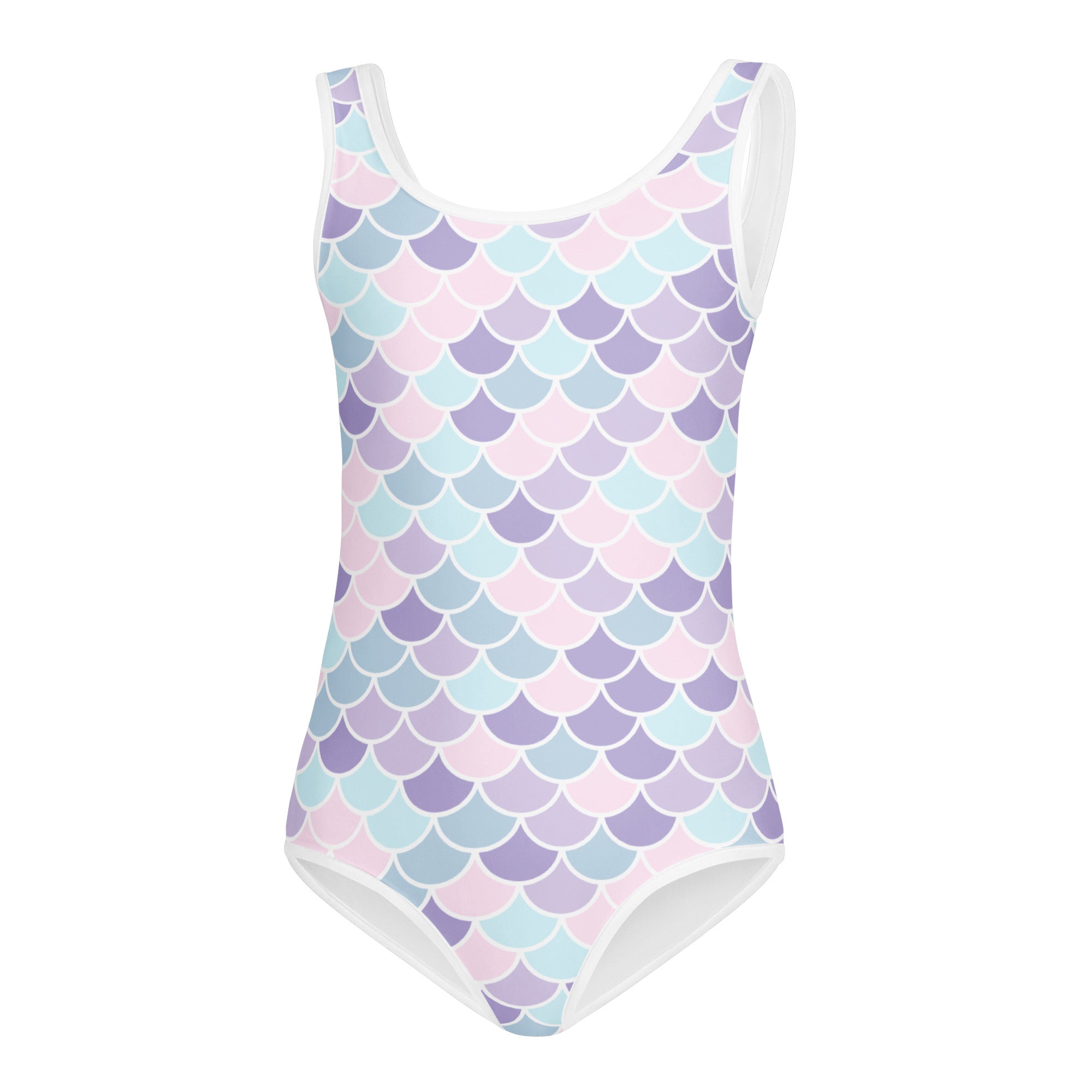 Girls mermaid buttery soft leotard featuring a pastel mermaid scale pattern in pink lavender and blue with white trim