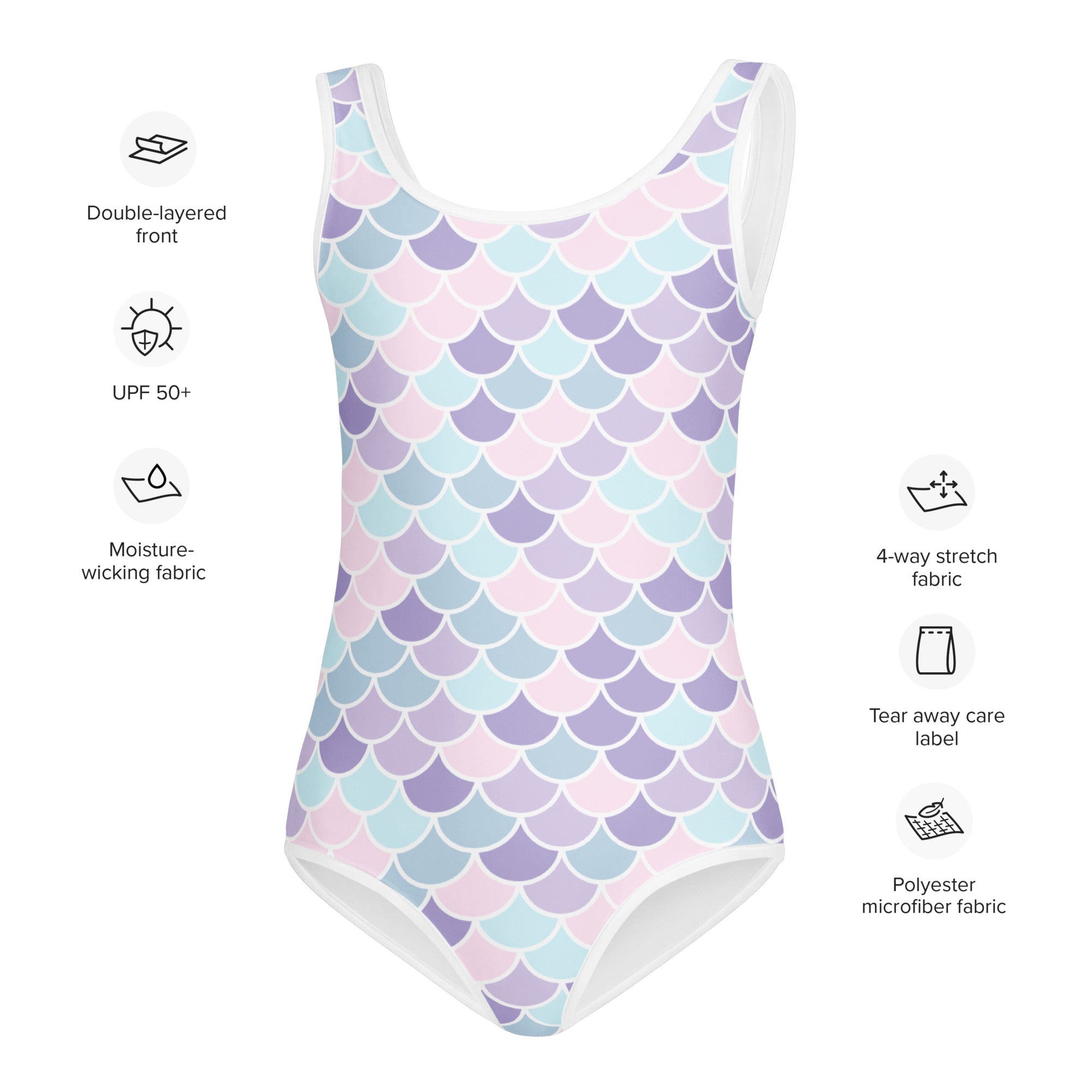 Girls mermaid buttery soft leotard with pastel mermaid scale pattern in lavender mint and blush on polyester microfiber fabric