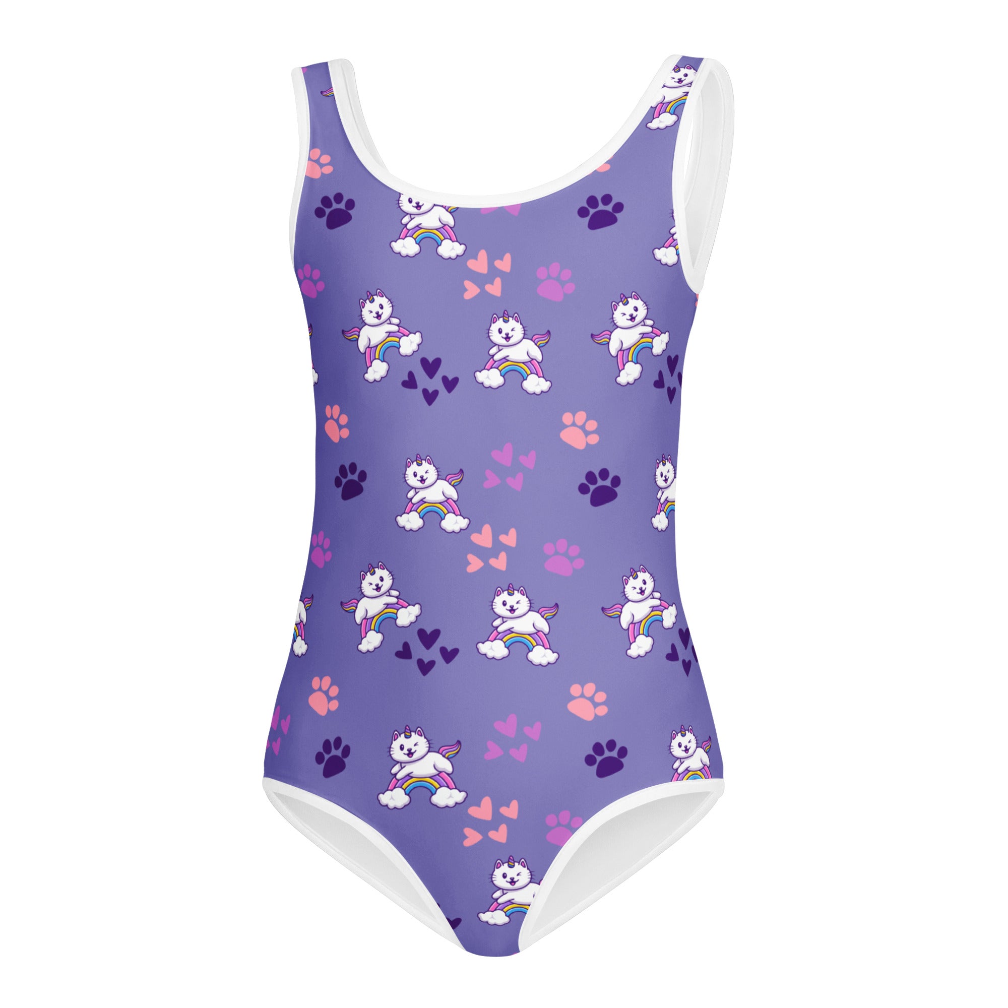 Girls purple caticorn buttery soft leotard with white trim and playful unicorn and rainbow pattern for dance and gymnastics