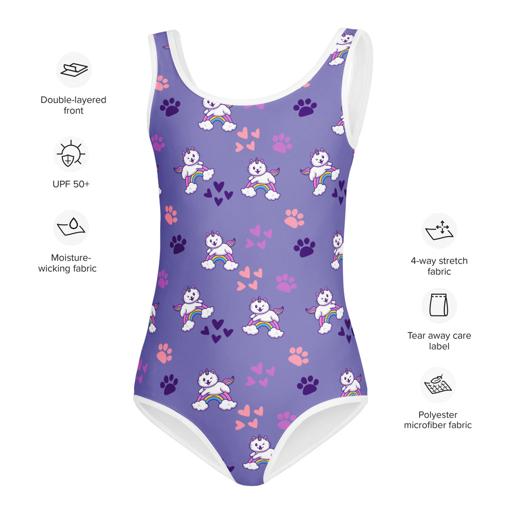 Girls purple caticorn buttery soft leotard with white trim featuring cartoon unicorns on rainbows and paw prints for dance and gymnastics